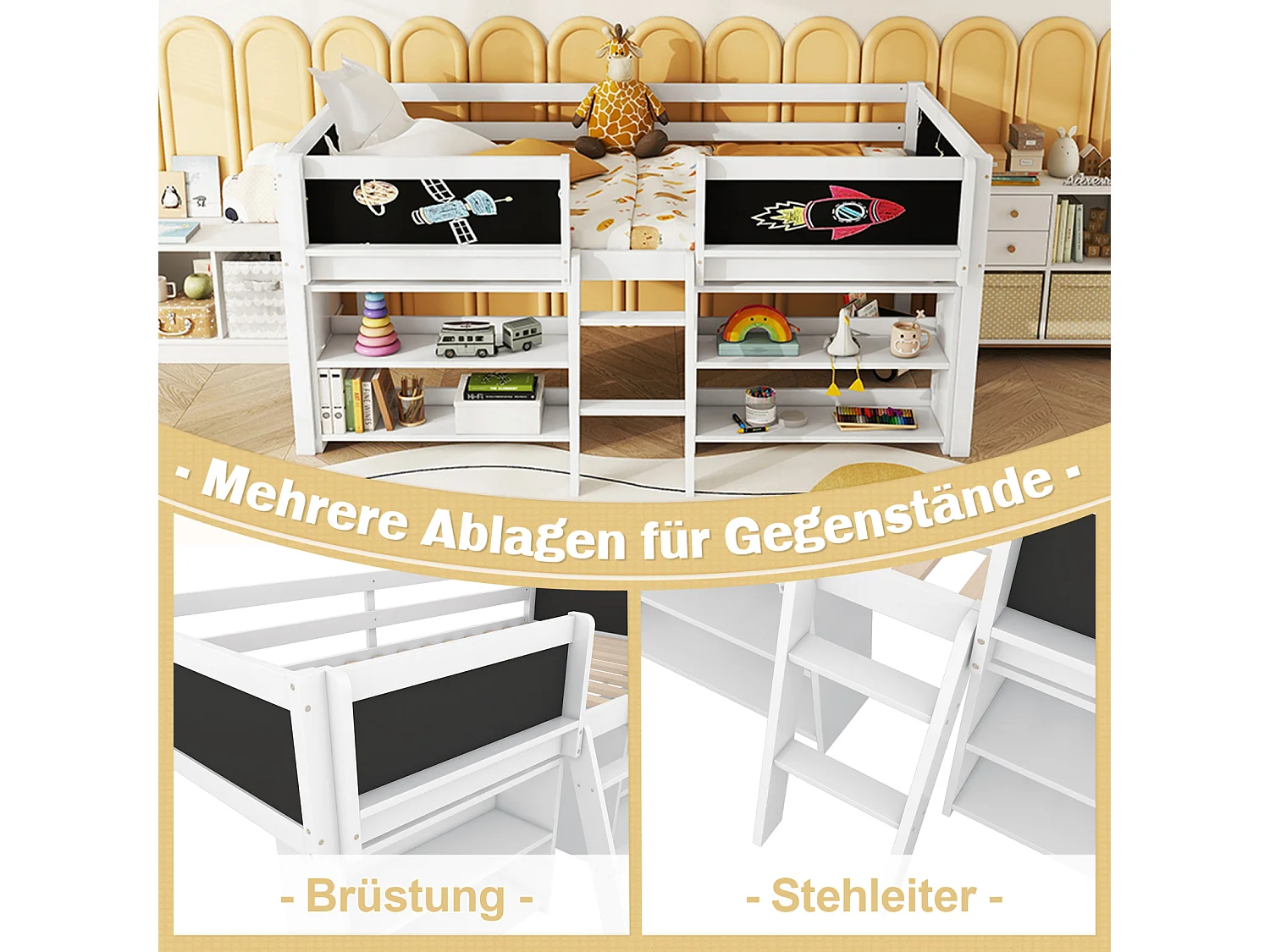 Letto semi-elevato 90x200 cm, diversi ripiani integrati, sponda di sicurezza, scaletta, pino, senza materasso, stile minimalista, bianco