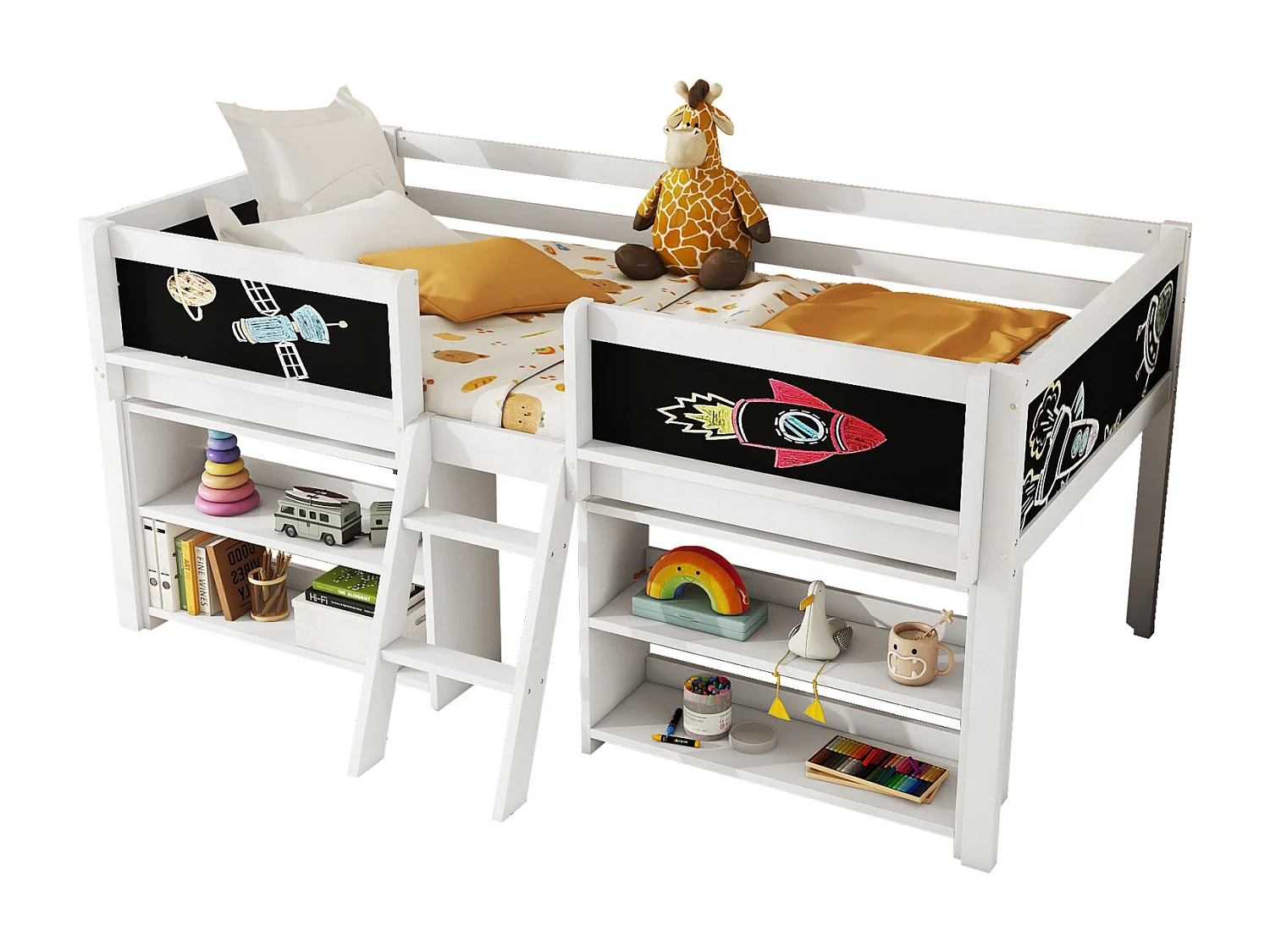 Letto semi-elevato 90x200 cm, diversi ripiani integrati, sponda di sicurezza, scaletta, pino, senza materasso, stile minimalista, bianco