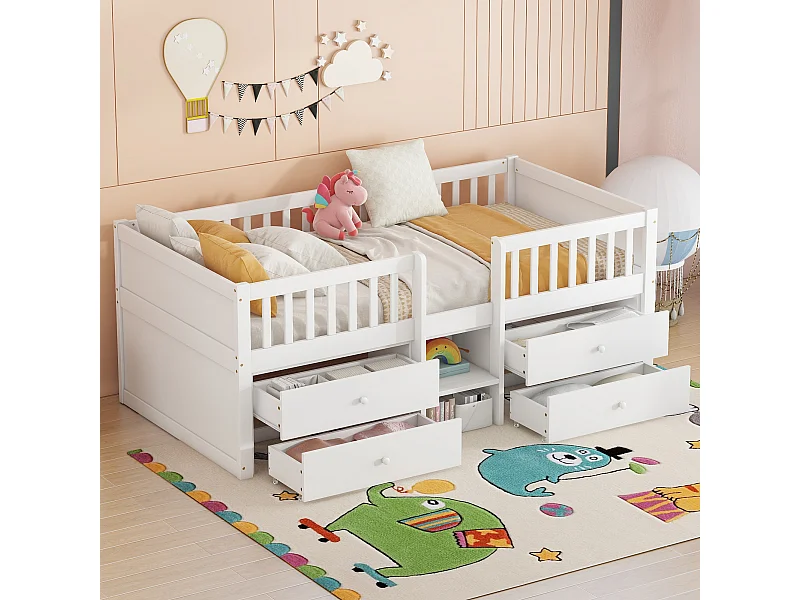 Lit mi-hauteur 90x200 cm, avec 4 tiroirs, garde-corps et échelle, en pin massif, design minimaliste, couleur blanche (matelas non inclus)