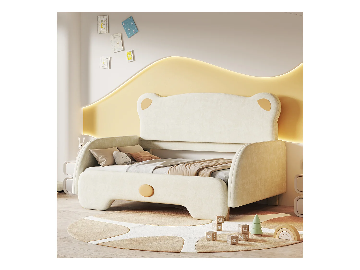 Lit double en forme d’ours, lit rembourré, lit enfant, lit de jour, lit gigogne, bords protecteurs doux, velours, beige (140x105cm & 140x200cm)