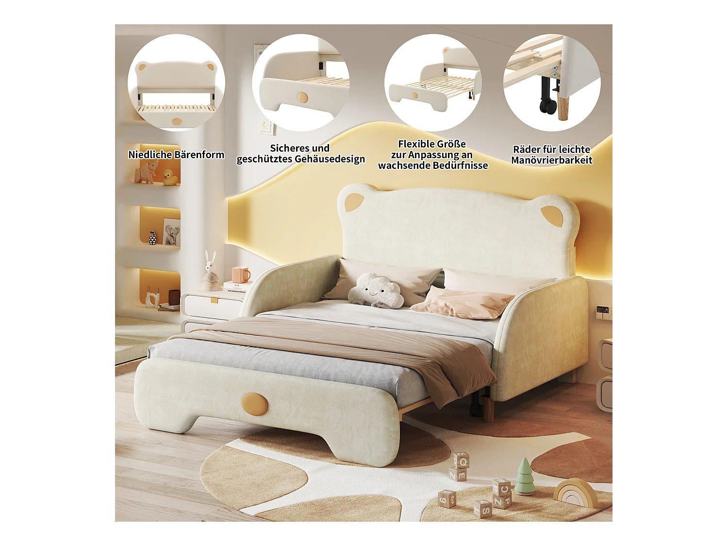 Lit double en forme d’ours, lit rembourré, lit enfant, lit de jour, lit gigogne, bords protecteurs doux, velours, beige (140x105cm & 140x200cm)