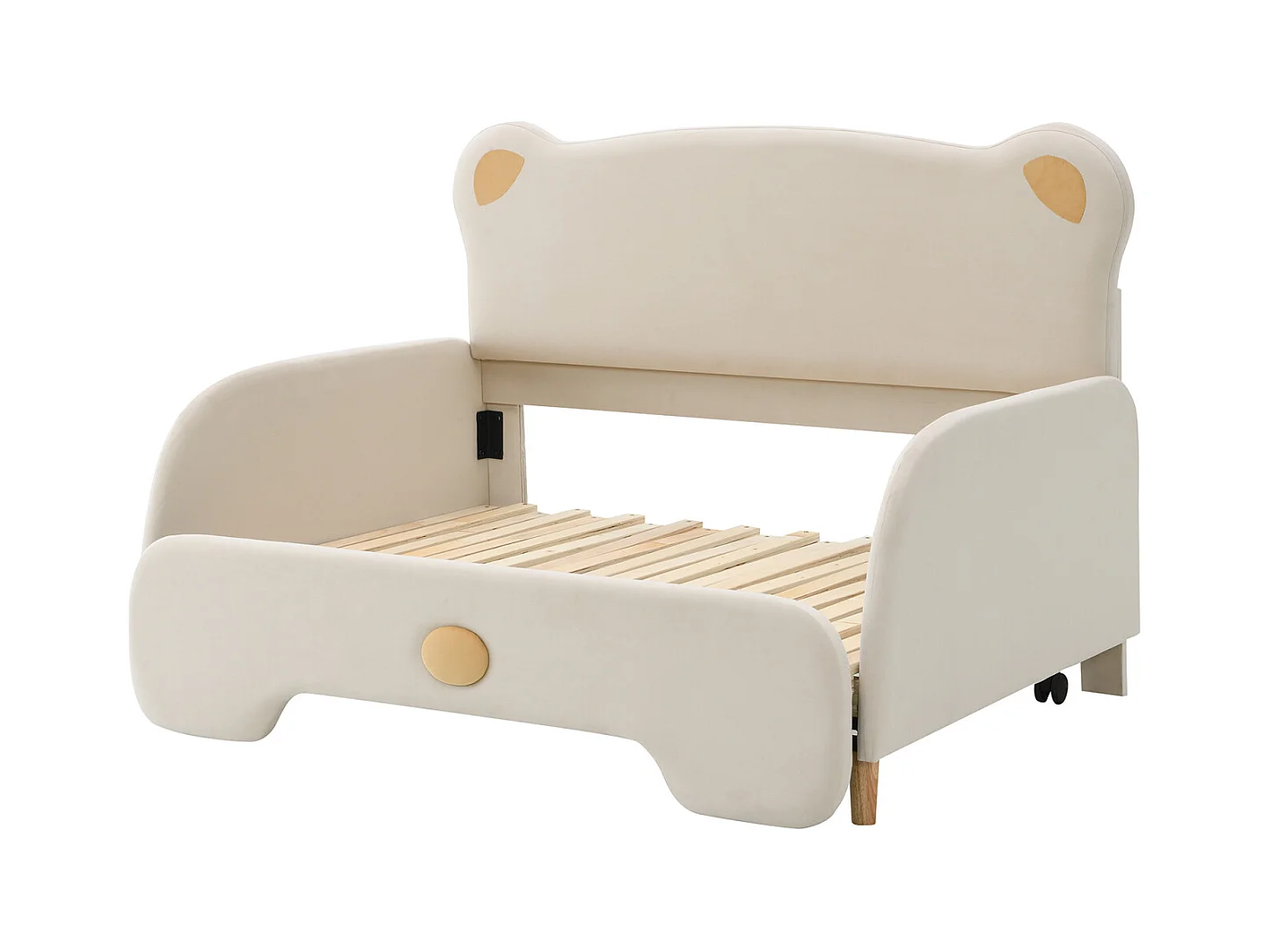 Lit double en forme d’ours, lit rembourré, lit enfant, lit de jour, lit gigogne, bords protecteurs doux, velours, beige (140x105cm & 140x200cm)