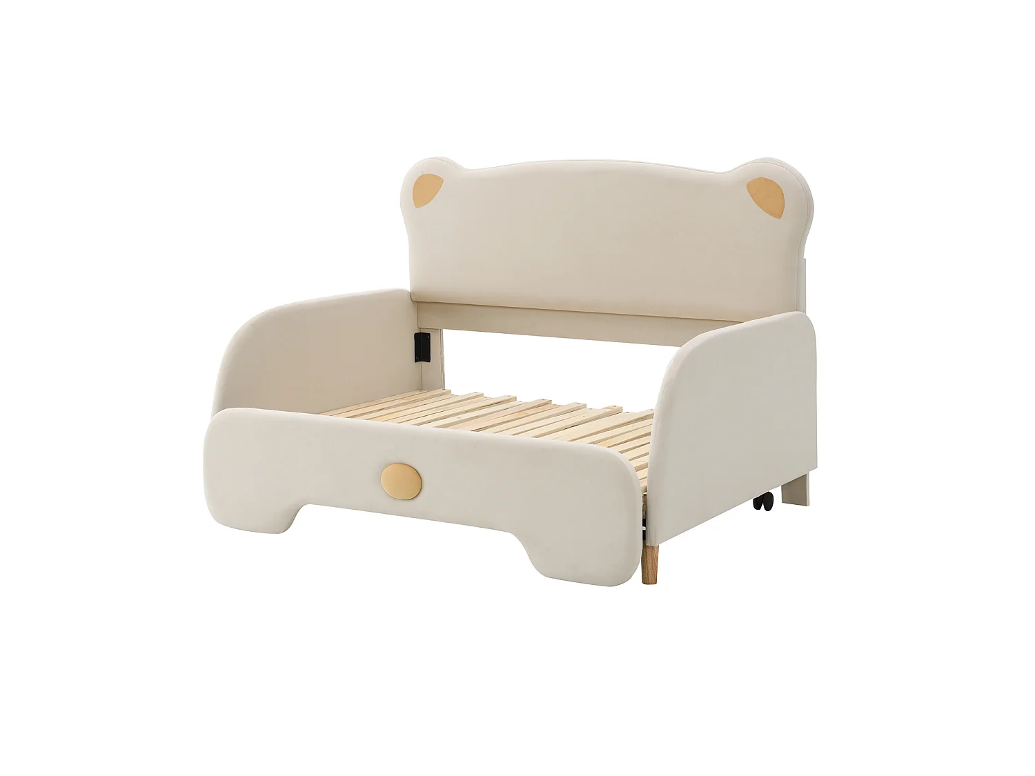 Lit double en forme d’ours, lit rembourré, lit enfant, lit de jour, lit gigogne, bords protecteurs doux, velours, beige (140x105cm & 140x200cm)
