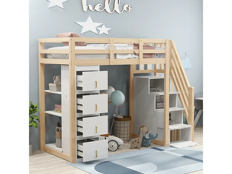 90x200 cm Hochbett mit Stauraumschubladen, mehreren Regalen, sicherer Leiter mit Schubladen, Multifunktionsbett aus Massivholz
