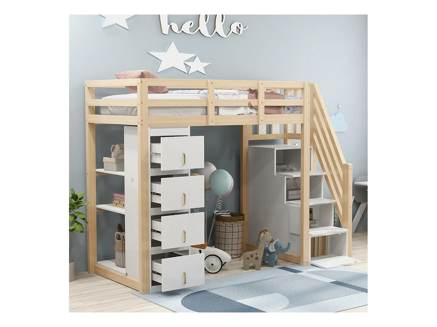 Lit mezzanine 90x200 cm avec tiroirs de rangement, étagères multiples, échelle sécurisée avec tiroirs, lit multifonction en bois massif