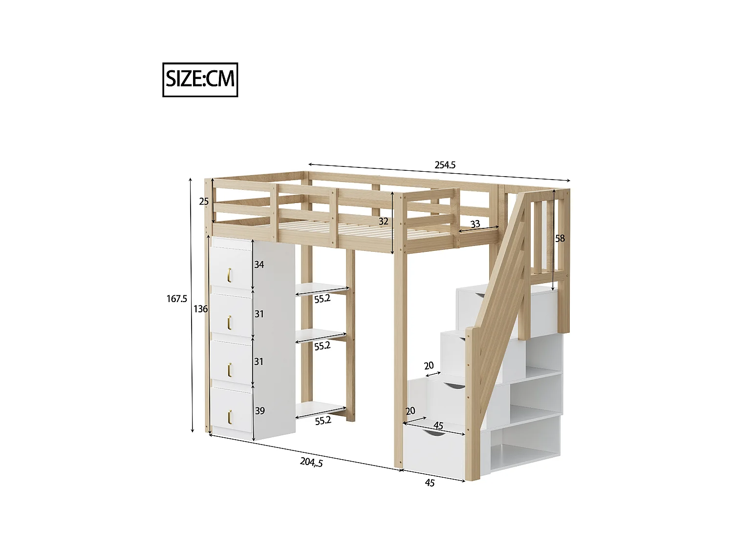 Lit mezzanine 90x200 cm avec tiroirs de rangement, étagères multiples, échelle sécurisée avec tiroirs, lit multifonction en bois massif