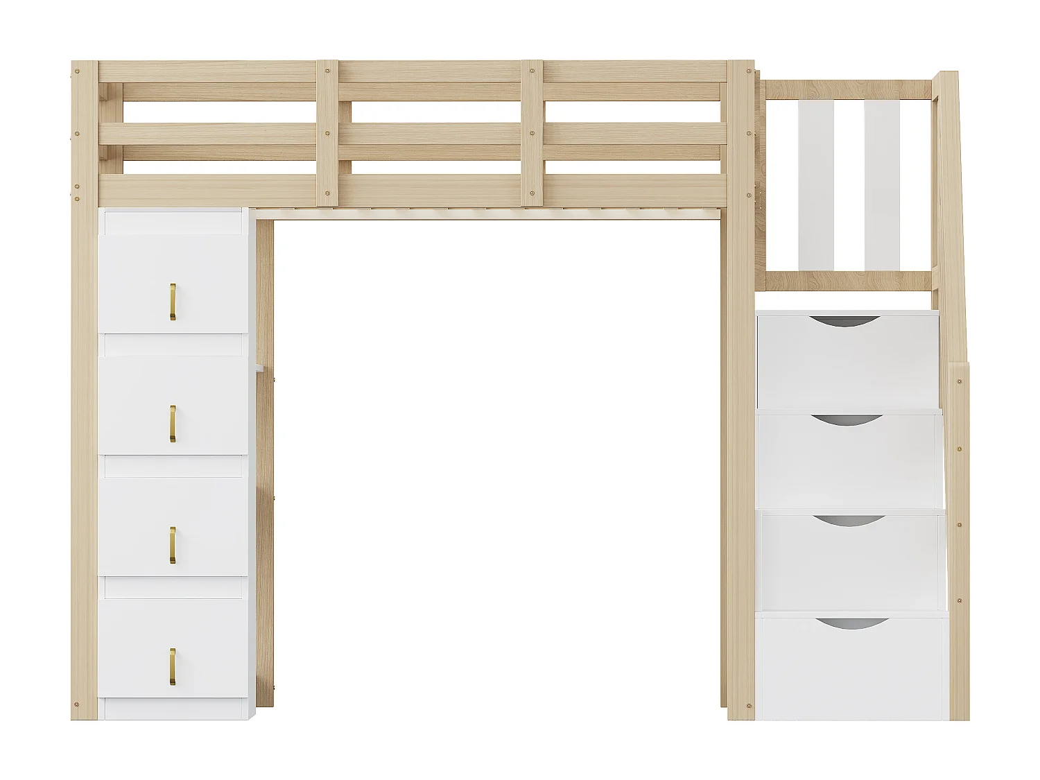 Lit mezzanine 90x200 cm avec tiroirs de rangement, étagères multiples, échelle sécurisée avec tiroirs, lit multifonction en bois massif