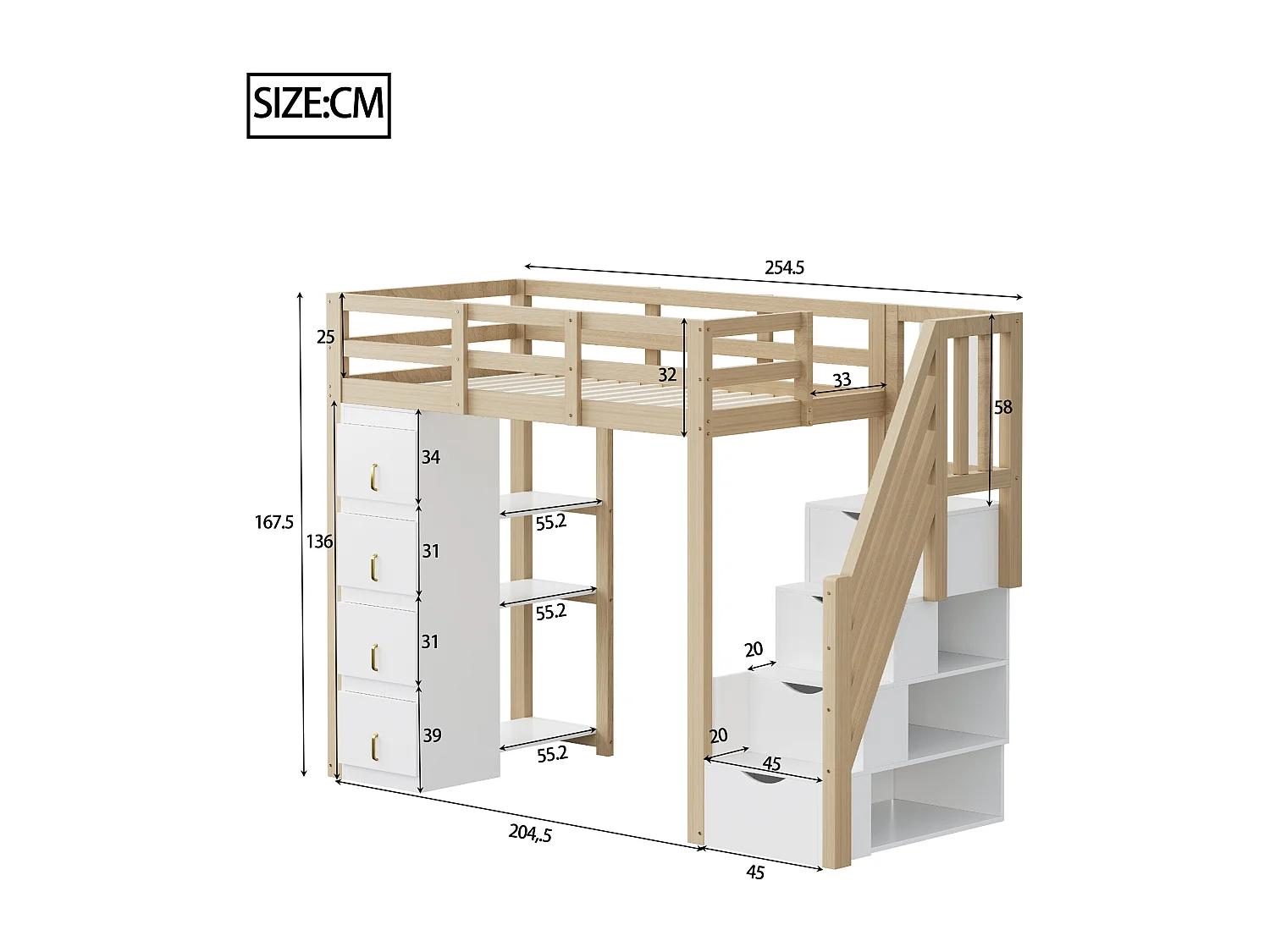 Lit mezzanine 90x200 cm avec tiroirs de rangement, étagères multiples, échelle sécurisée avec tiroirs, lit multifonction en bois massif