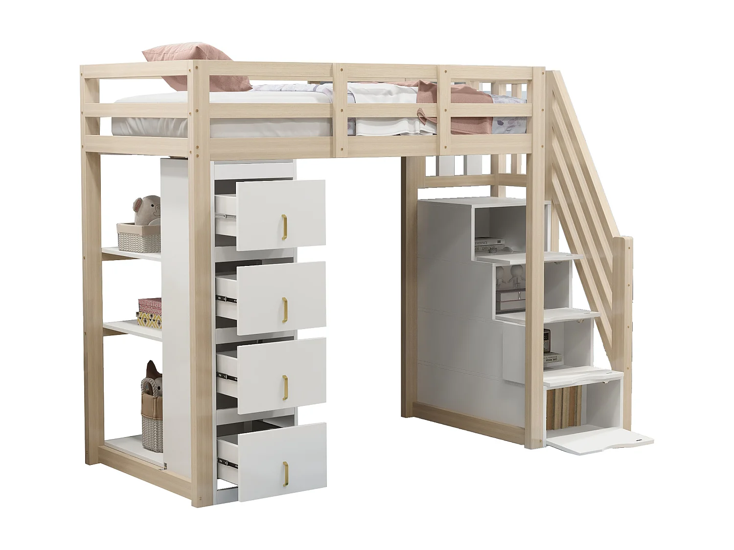 Lit mezzanine 90x200 cm avec tiroirs de rangement, étagères multiples, échelle sécurisée avec tiroirs, lit multifonction en bois massif