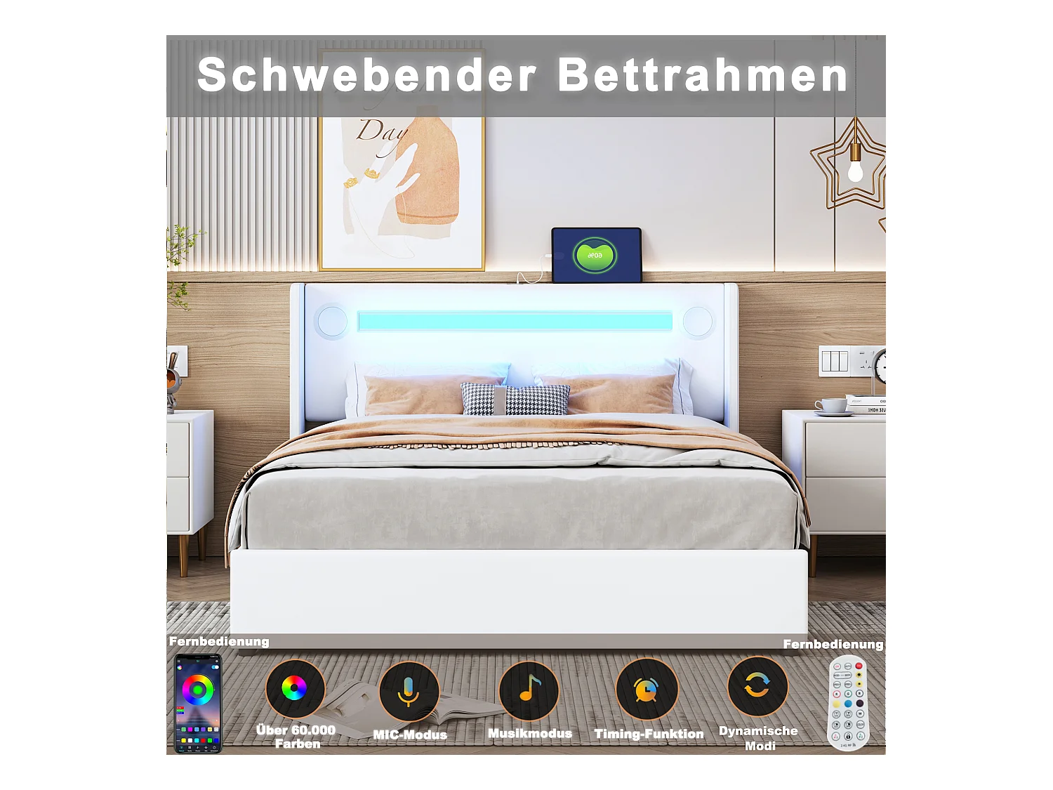 Cama con almacenaje de 140x200 cm en piel sintética blanca con LED, reproductor Bluetooth, cargador USB, diseño moderno y espacio de almacenaje integrado.