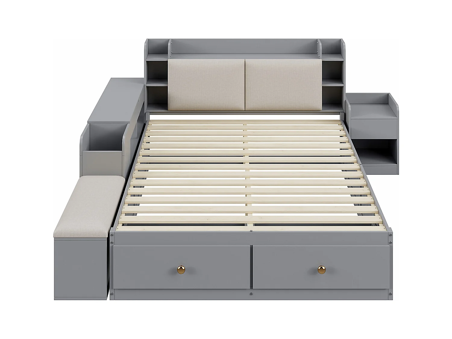 Massivholz-Kombibett 140x200 cm, Kopfteil mit integriertem Stauraum, Schubladen, Nachttisch, großer Schrank, Sitzbank, Tatami-Stauraumbett, grau