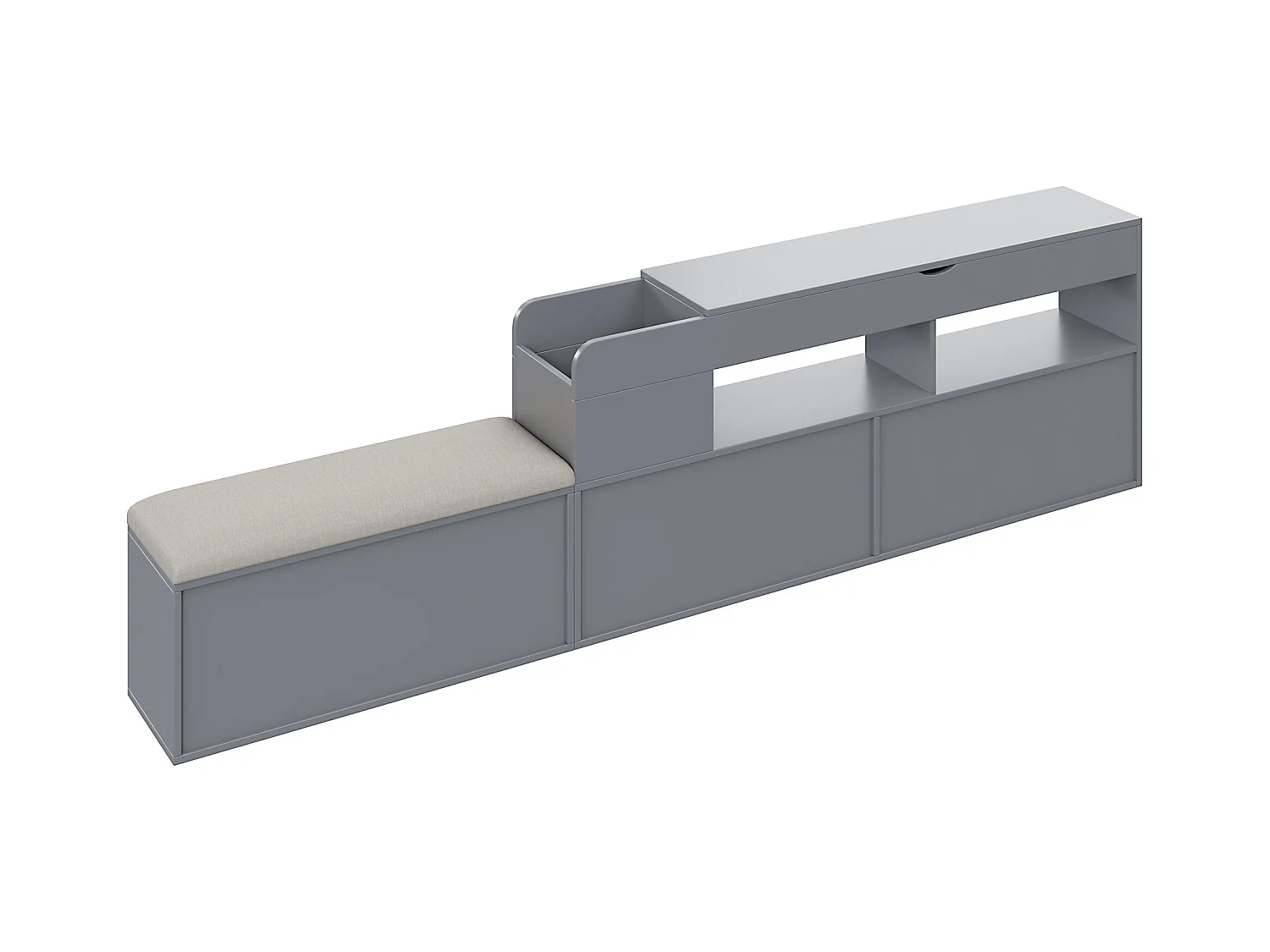 Massivholz-Kombibett 140x200 cm, Kopfteil mit integriertem Stauraum, Schubladen, Nachttisch, großer Schrank, Sitzbank, Tatami-Stauraumbett, grau