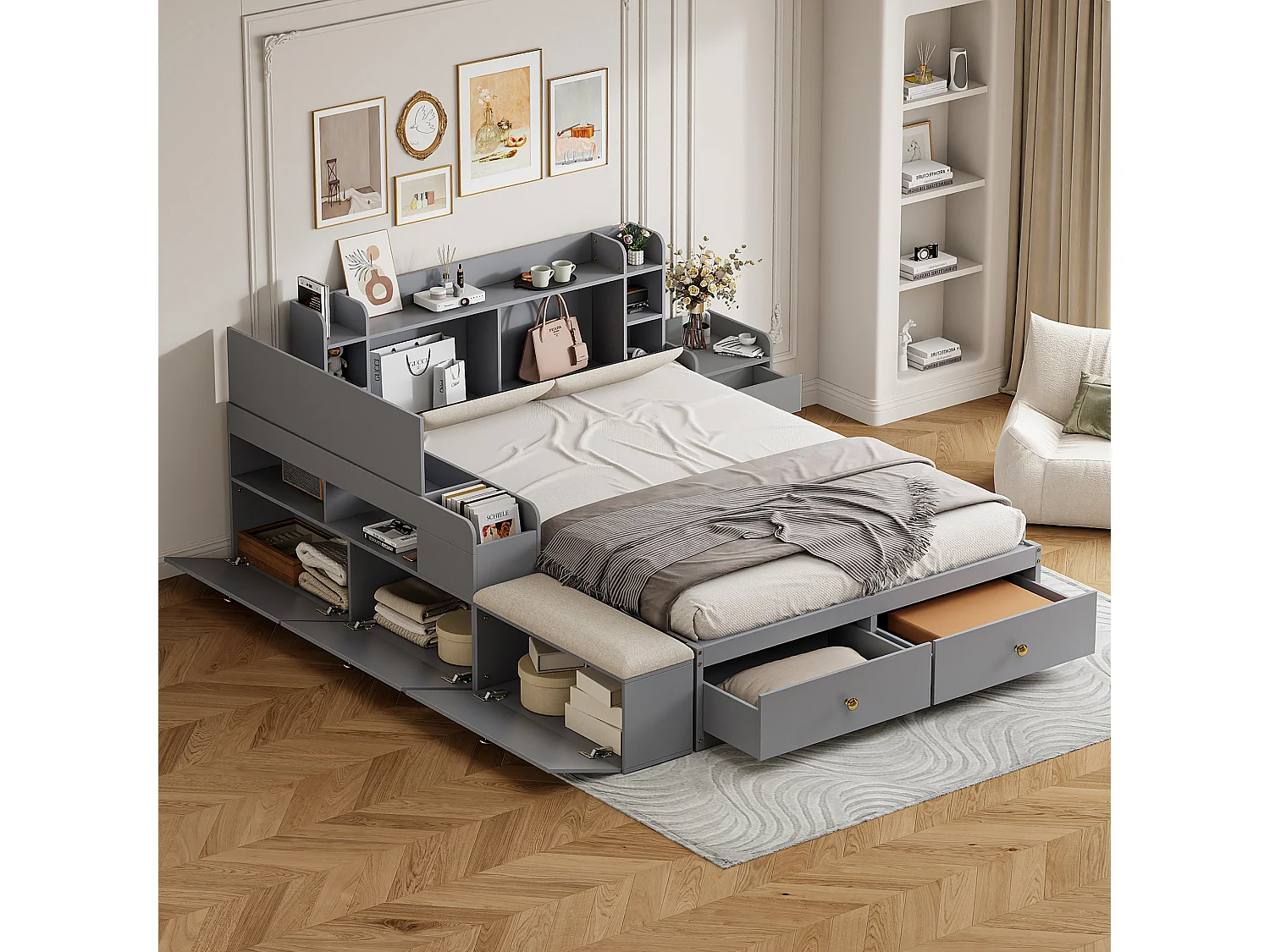 Lit combiné en bois massif 140x200 cm, tête de lit avec rangement intégré, tiroirs, table de chevet, grand placard, banquette, lit coffre tatami, gris