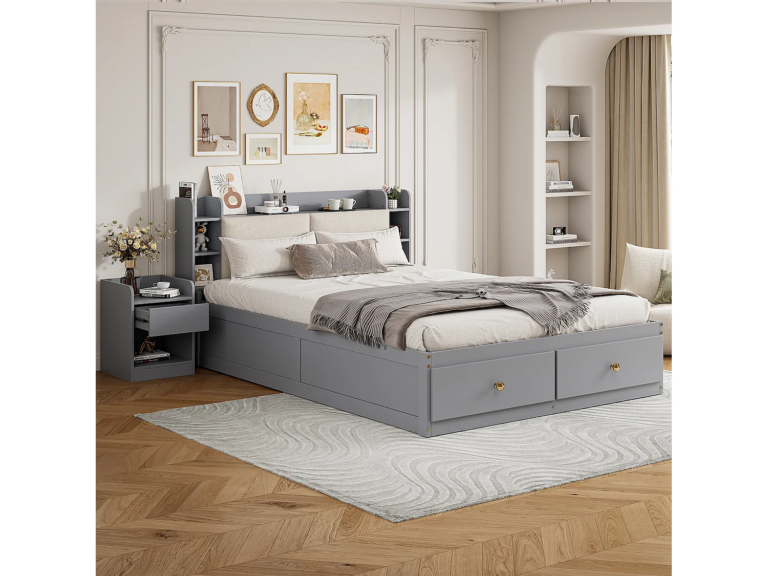 Lit combiné en bois massif 140x200 cm, tête de lit avec rangement intégré, tiroirs, table de chevet, grand placard, banquette, lit coffre tatami, gris