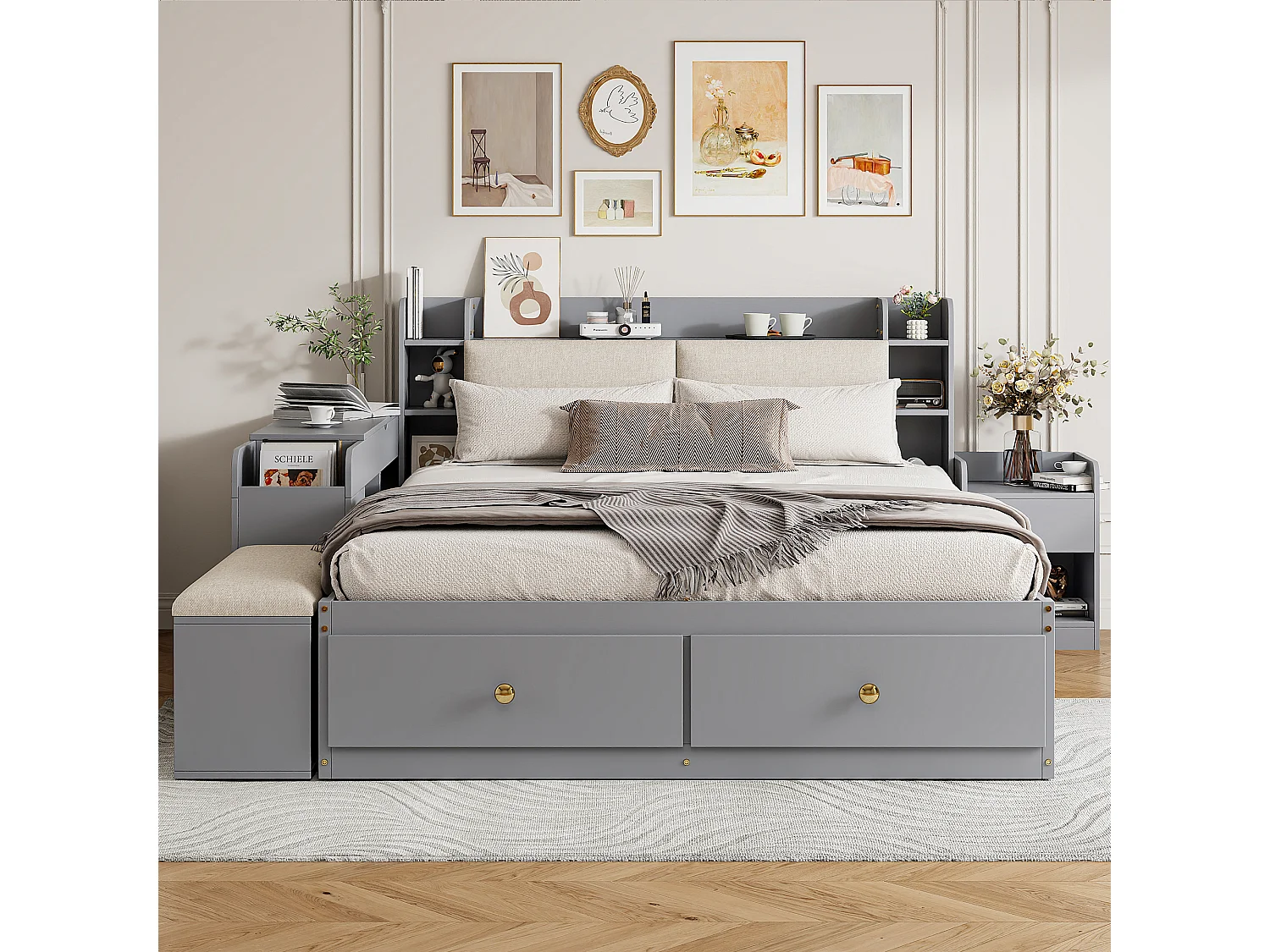 Lit combiné en bois massif 140x200 cm, tête de lit avec rangement intégré, tiroirs, table de chevet, grand placard, banquette, lit coffre tatami, gris