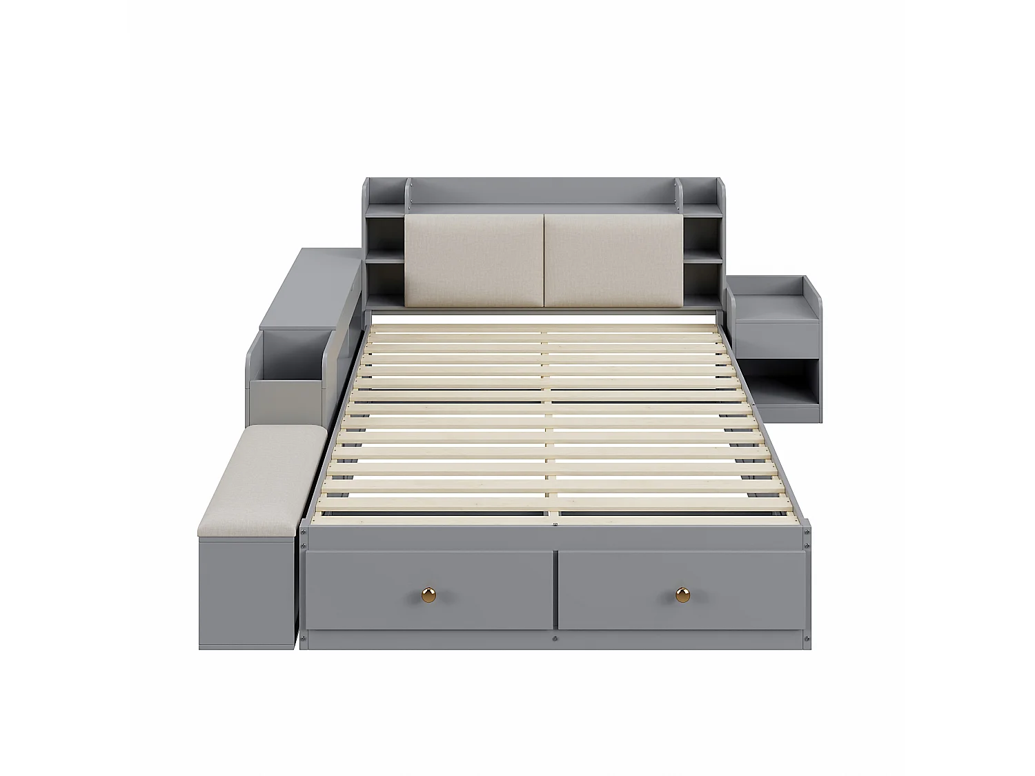 Lit combiné en bois massif 140x200 cm, tête de lit avec rangement intégré, tiroirs, table de chevet, grand placard, banquette, lit coffre tatami, gris