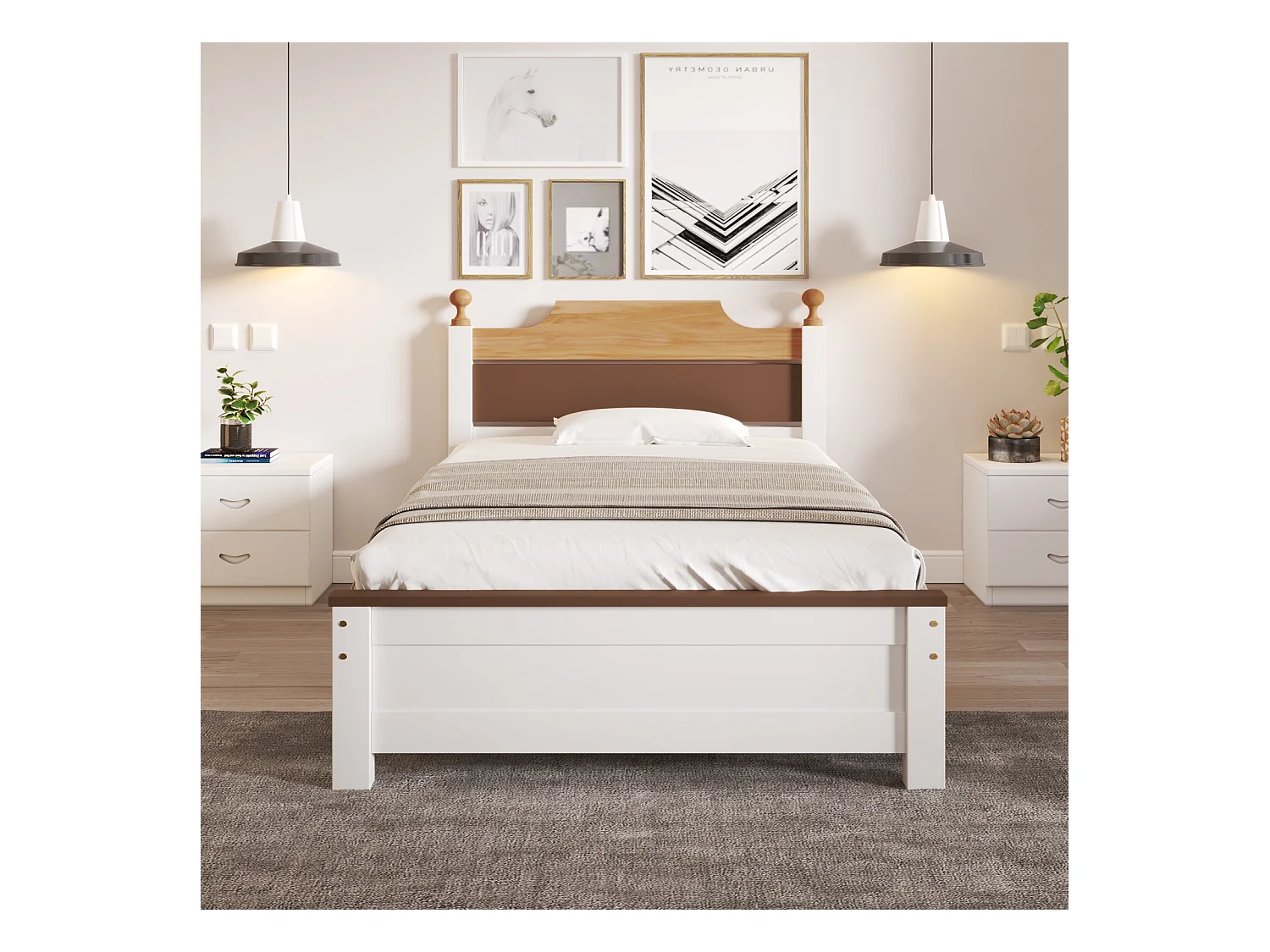 Lit simple en bois, cadre en pin avec pied central, lit junior/adulte, tête et pied de lit en MDF, color blocking, blanc, 90x200 cm