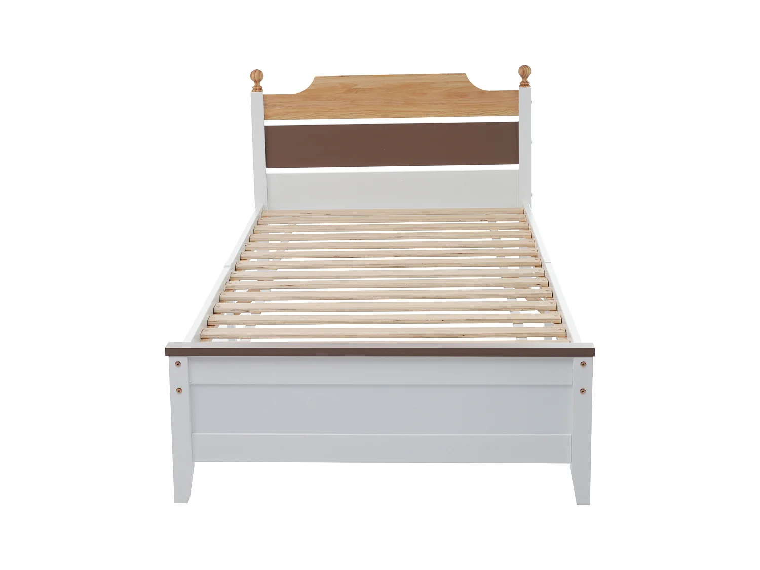 Lit simple en bois, cadre en pin avec pied central, lit junior/adulte, tête et pied de lit en MDF, color blocking, blanc, 90x200 cm