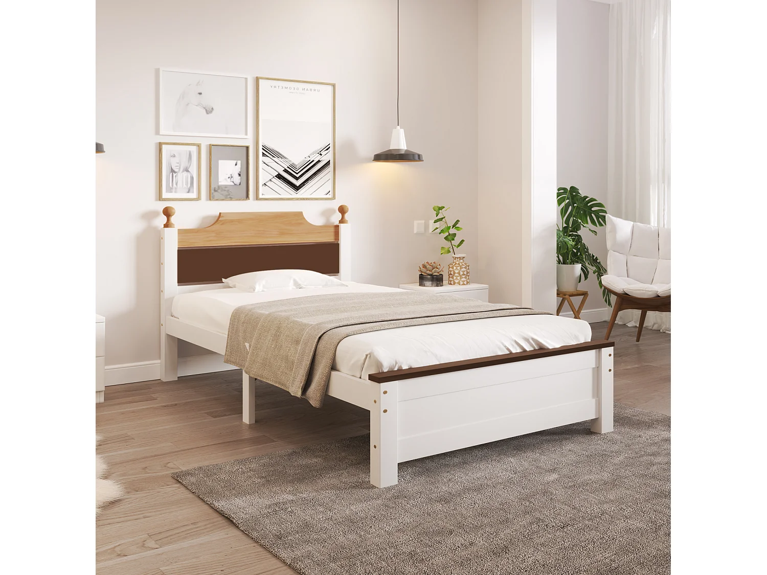 Letto singolo in legno, struttura in pino con gamba centrale, letto junior/adulto, testiera e pediera in MDF, color blocking, bianco, 90x200 cm