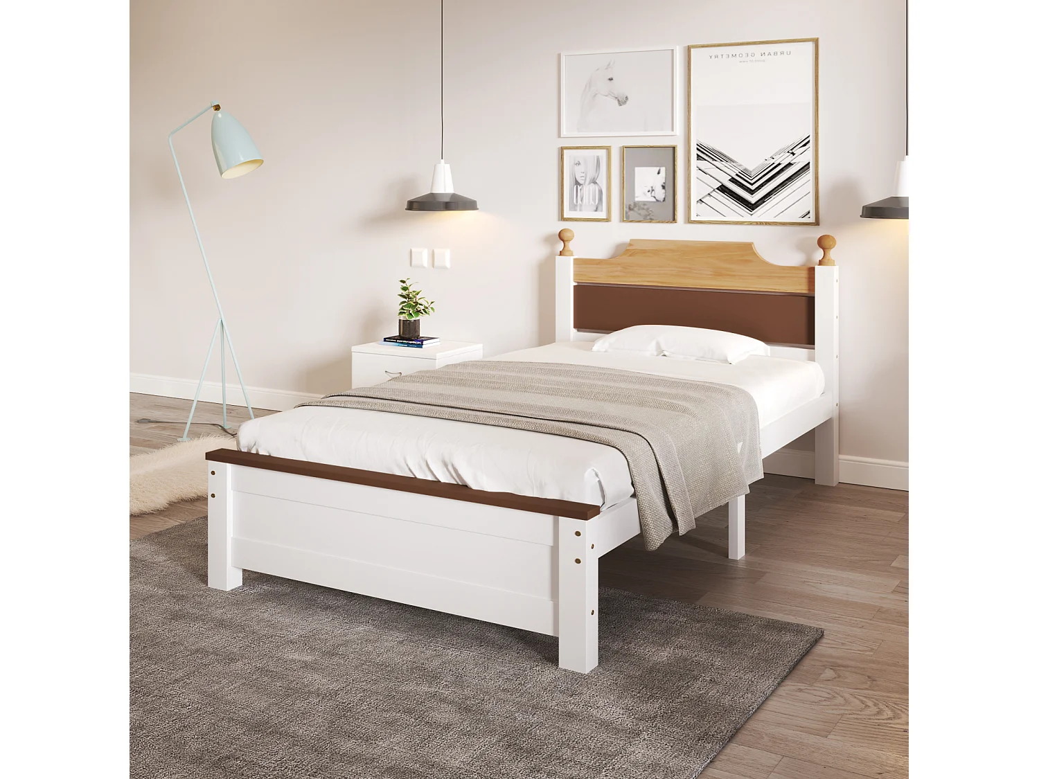 Lit simple en bois, cadre en pin avec pied central, lit junior/adulte, tête et pied de lit en MDF, color blocking, blanc, 90x200 cm