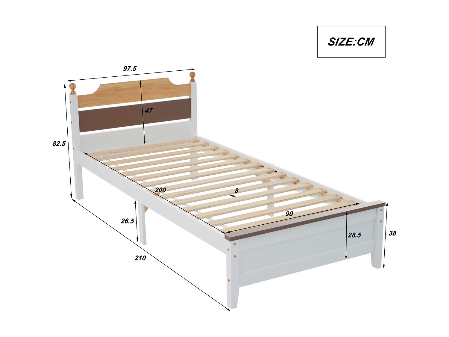 Lit simple en bois, cadre en pin avec pied central, lit junior/adulte, tête et pied de lit en MDF, color blocking, blanc, 90x200 cm