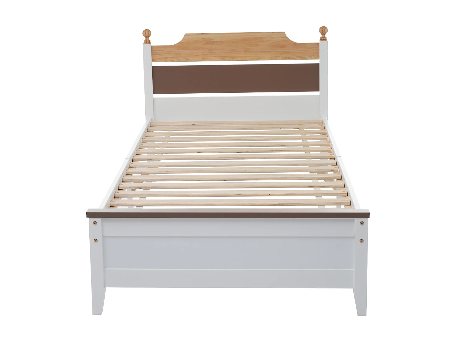 Lit simple en bois, cadre en pin avec pied central, lit junior/adulte, tête et pied de lit en MDF, color blocking, blanc, 90x200 cm
