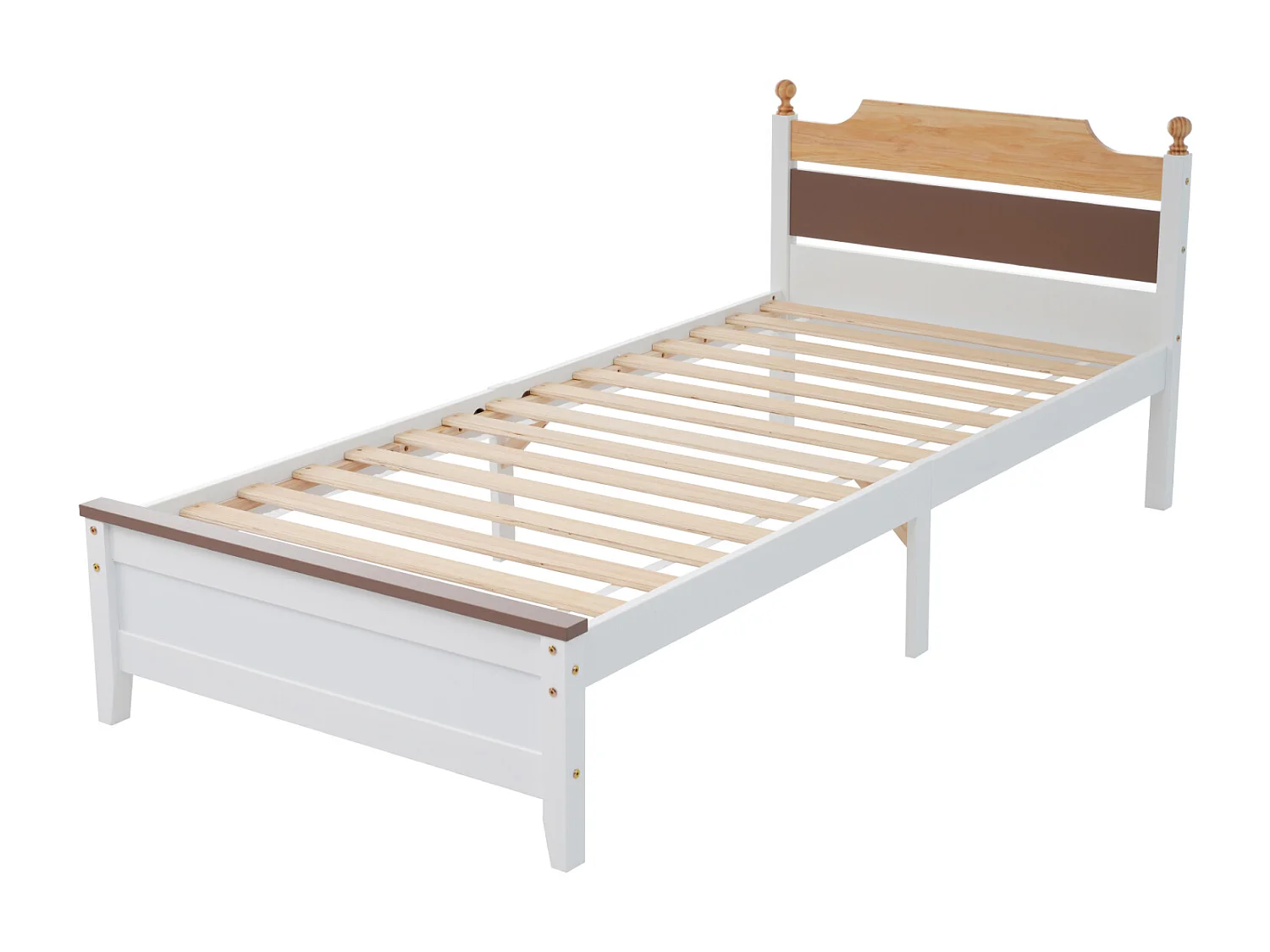 Lit simple en bois, cadre en pin avec pied central, lit junior/adulte, tête et pied de lit en MDF, color blocking, blanc, 90x200 cm
