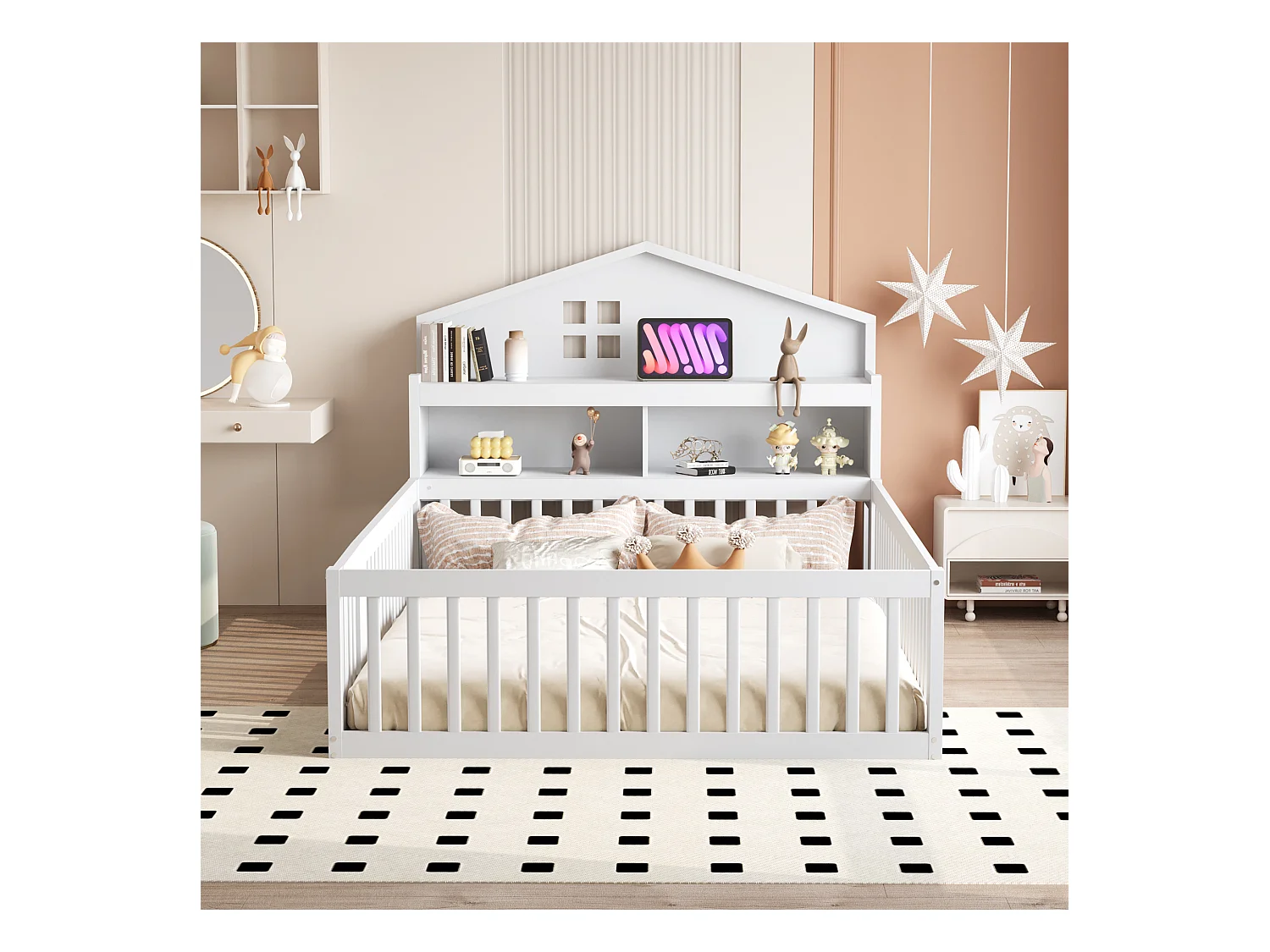 Lit enfant 140x200 cm, cadre en bois massif avec barre de protection et porte, espace de rangement avec étagères,  couleur blanche