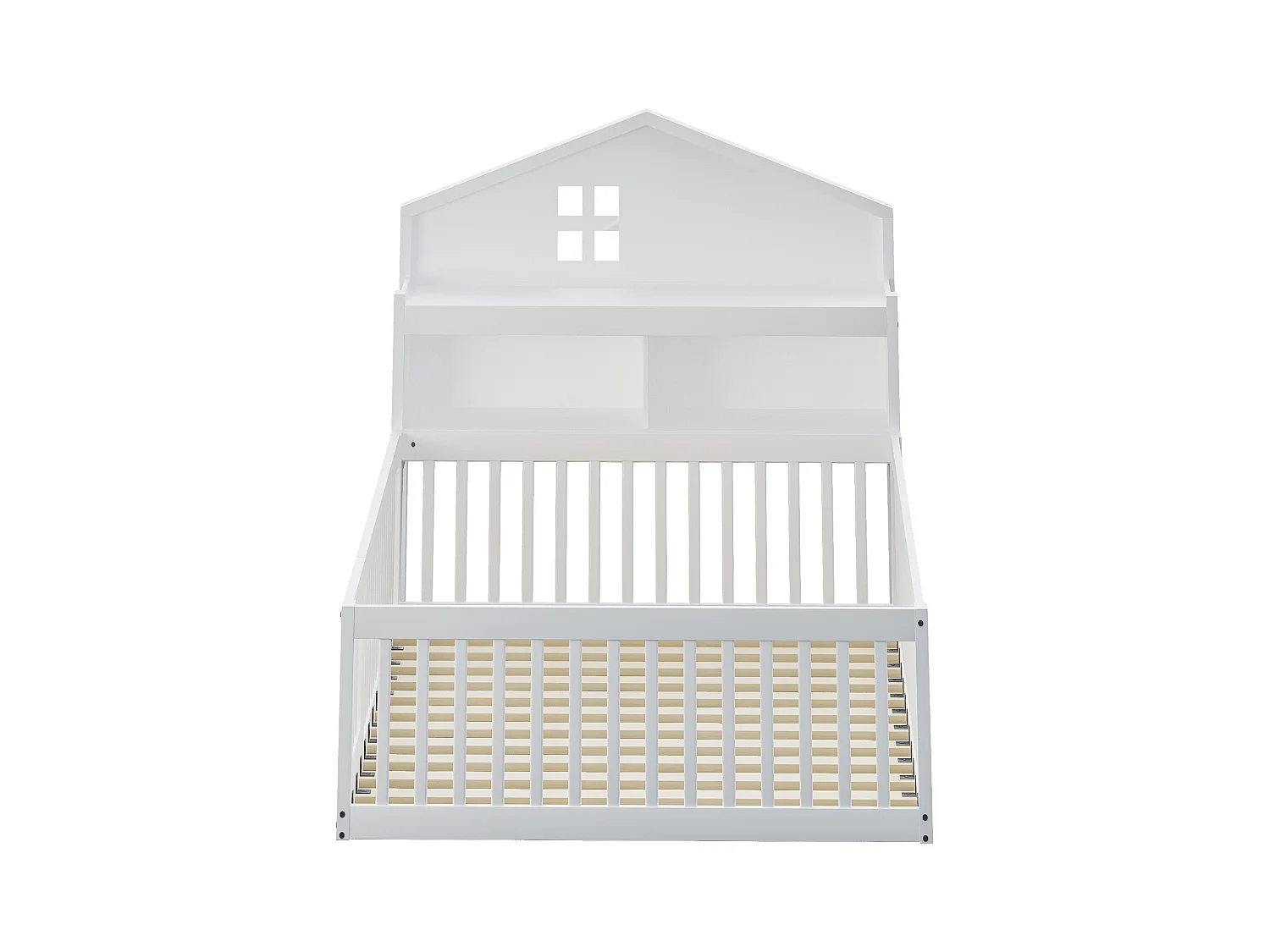 Lit enfant 140x200 cm, cadre en bois massif avec barre de protection et porte, espace de rangement avec étagères,  couleur blanche