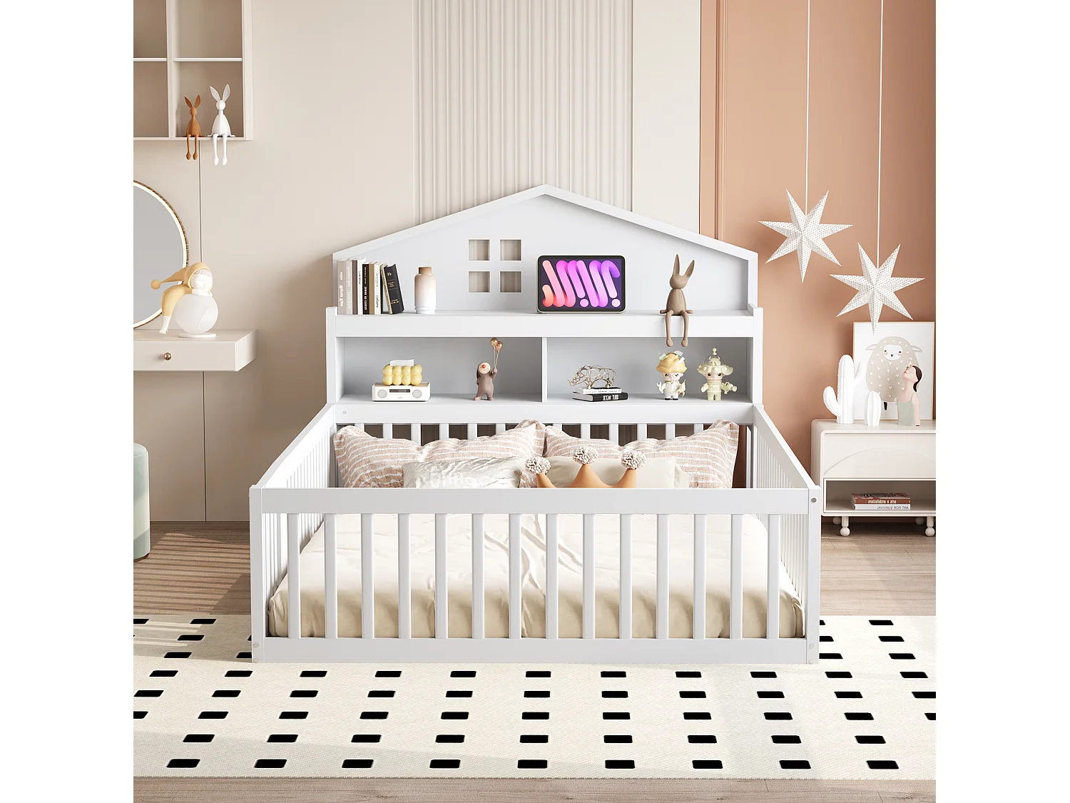 Letto per bambini 140x200 cm, struttura in legno massello con barra di sicurezza e anta, vano contenitore con ripiani, colore bianco