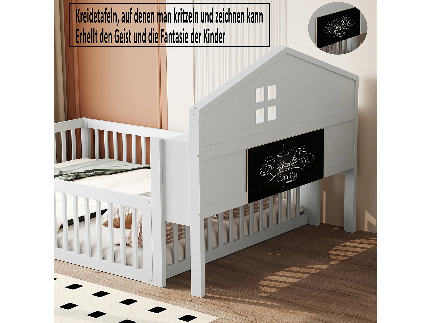 Letto per bambini 140x200 cm, struttura in legno massello con barra di sicurezza e anta, vano contenitore con ripiani, colore bianco