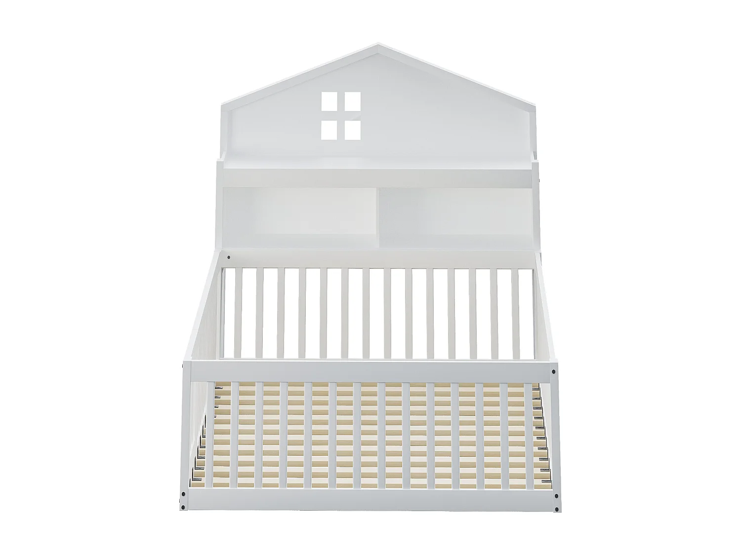 Letto per bambini 140x200 cm, struttura in legno massello con barra di sicurezza e anta, vano contenitore con ripiani, colore bianco