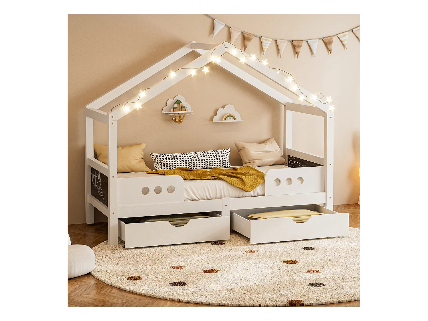 Lit enfant 90x200 cm avec design toit, 2 grands tiroirs, cadre bois + MDF, peinture UV sans odeur, charge jusqu’à 120 kg, solide et pratique