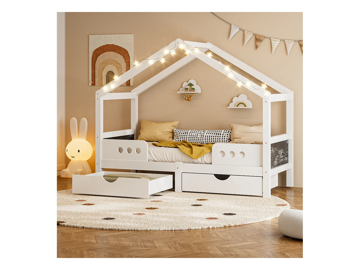 Lit enfant 90x200 cm avec design toit, 2 grands tiroirs, cadre bois + MDF, peinture UV sans odeur, charge jusqu’à 120 kg, solide et pratique