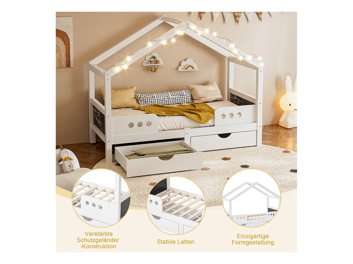 Lit enfant 90x200 cm avec design toit, 2 grands tiroirs, cadre bois + MDF, peinture UV sans odeur, charge jusqu’à 120 kg, solide et pratique