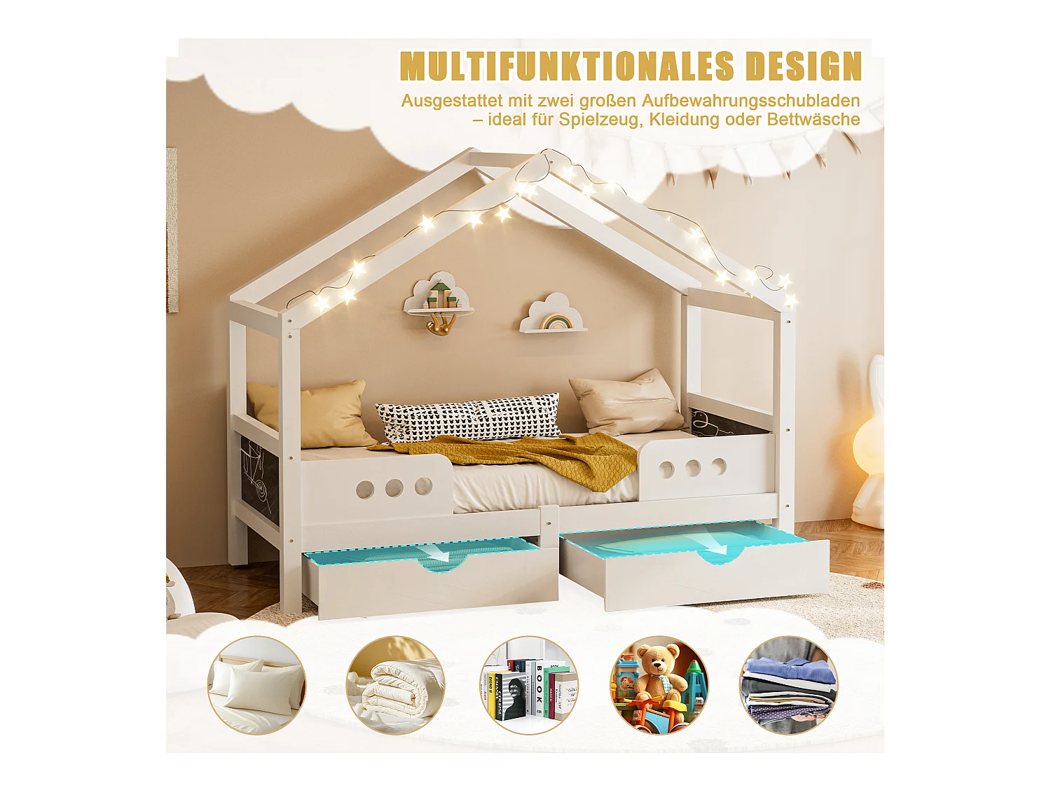 Lit enfant 90x200 cm avec design toit, 2 grands tiroirs, cadre bois + MDF, peinture UV sans odeur, charge jusqu’à 120 kg, solide et pratique