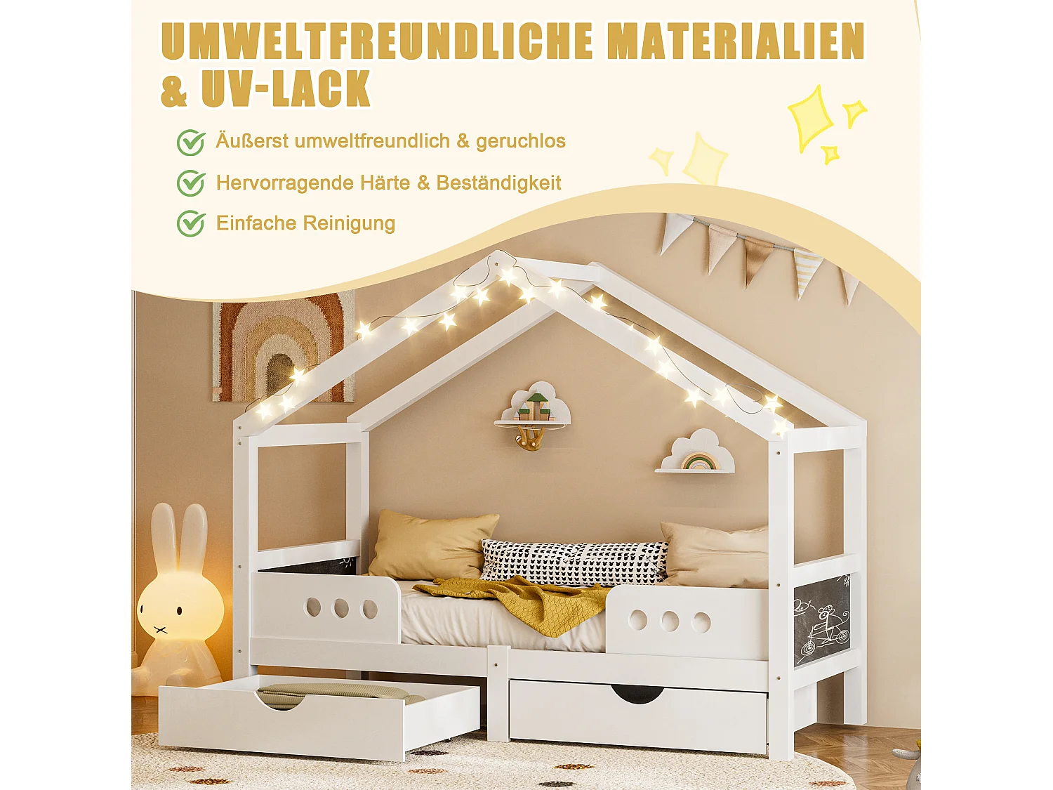 Kinderbed 90x200 cm met dakdesign, 2 grote laden, houten frame + MDF, geurloze UV-lak, belastbaar tot 120 kg, solide en praktisch