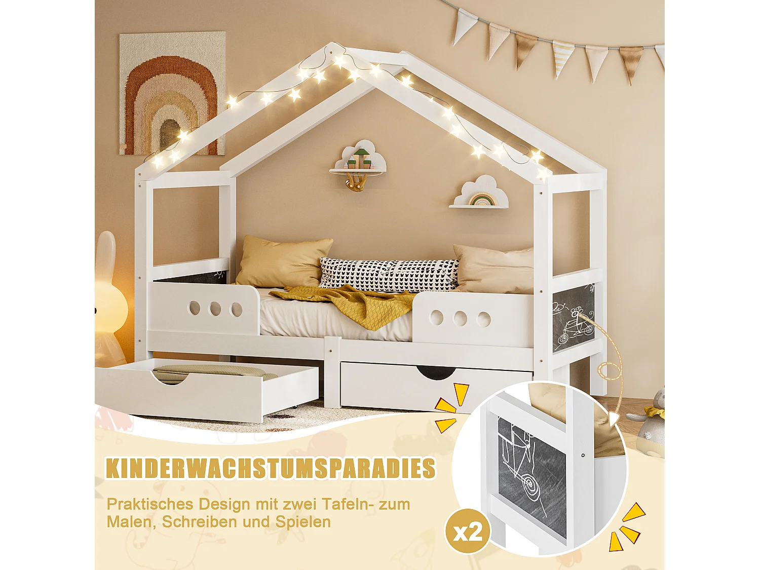 Kinderbed 90x200 cm met dakdesign, 2 grote laden, houten frame + MDF, geurloze UV-lak, belastbaar tot 120 kg, solide en praktisch