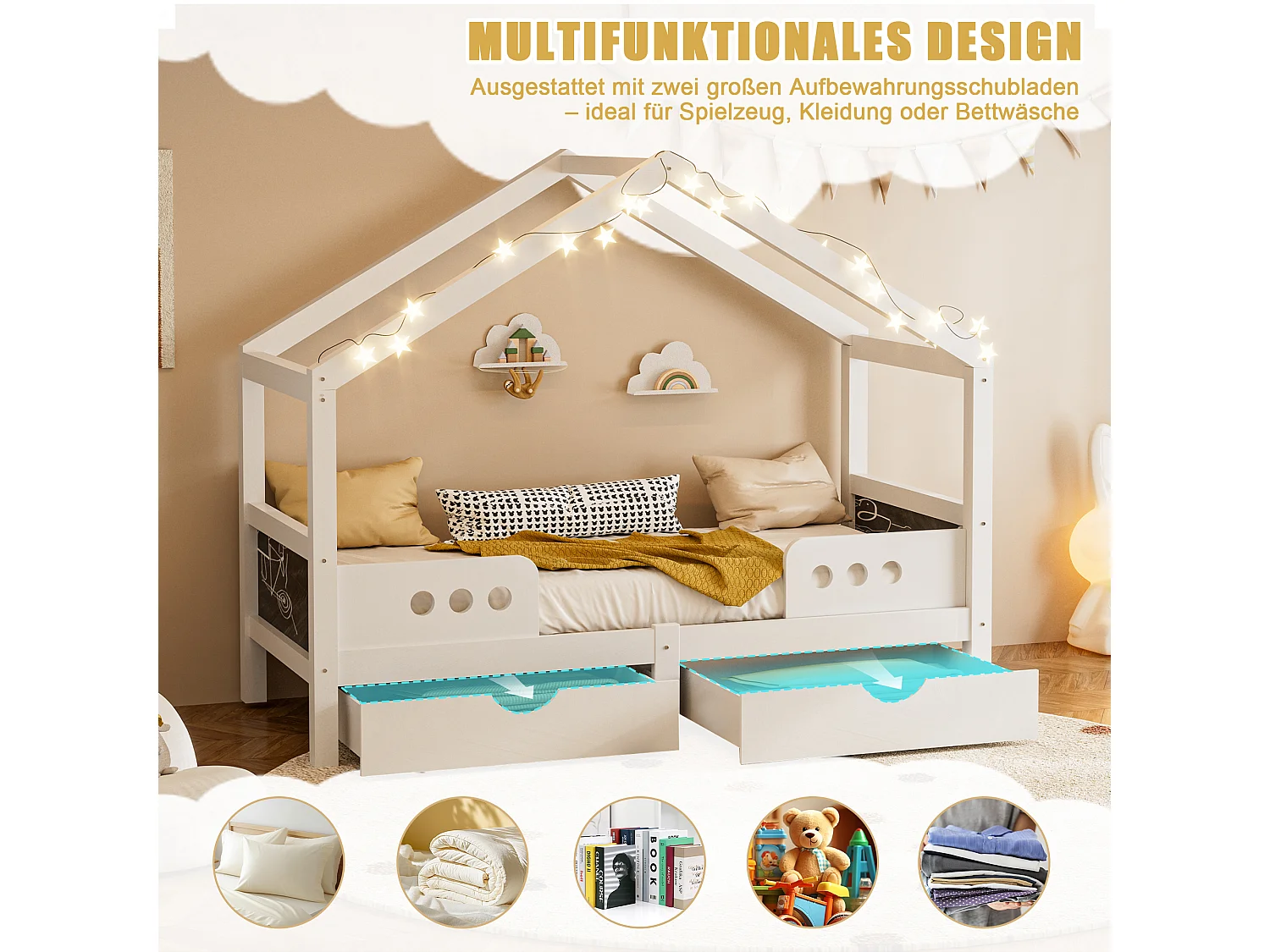 Kinderbed 90x200 cm met dakdesign, 2 grote laden, houten frame + MDF, geurloze UV-lak, belastbaar tot 120 kg, solide en praktisch