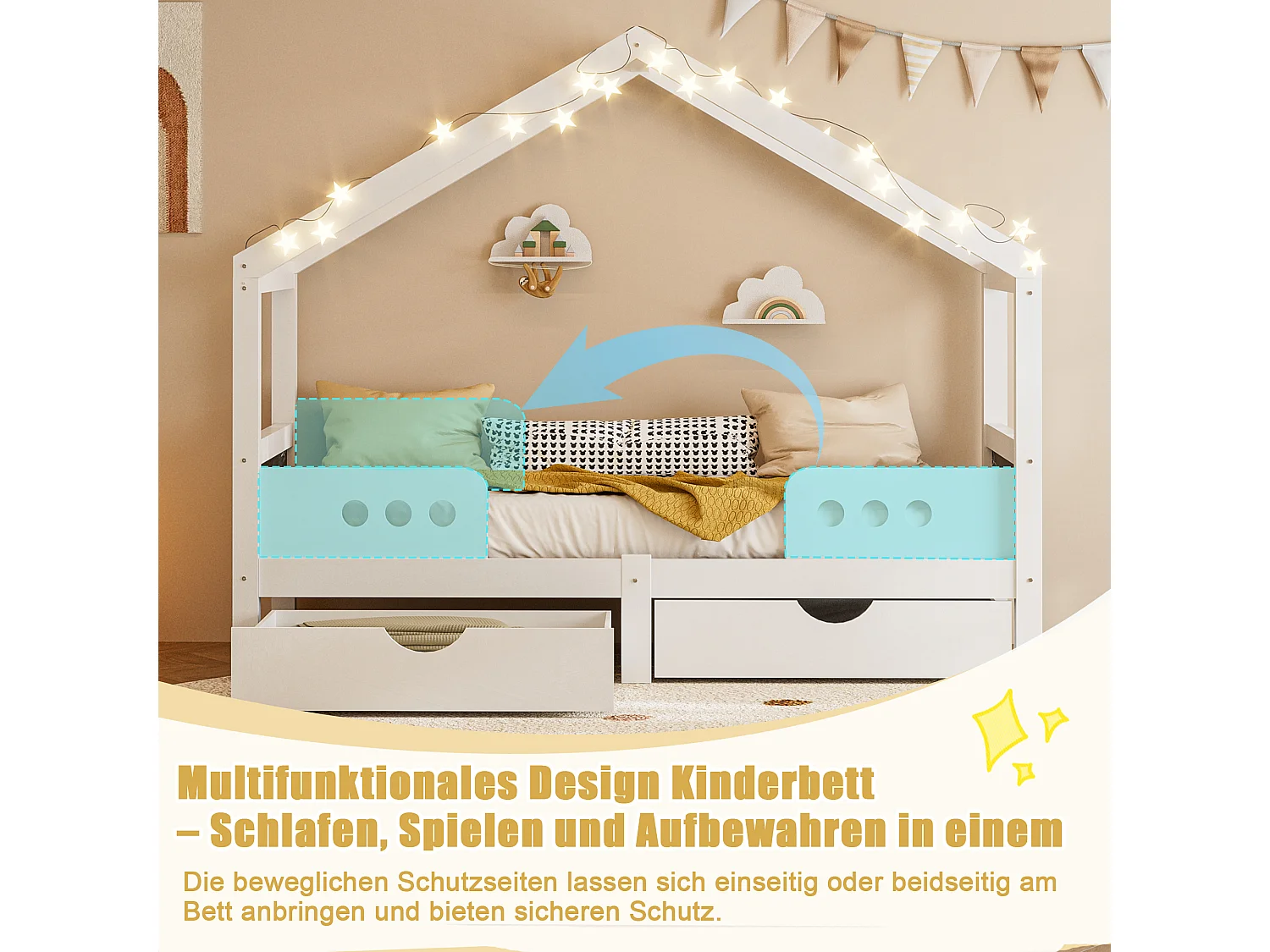 Kinderbed 90x200 cm met dakdesign, 2 grote laden, houten frame + MDF, geurloze UV-lak, belastbaar tot 120 kg, solide en praktisch