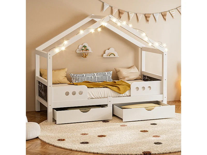 Kinderbed 90x200 cm met dakdesign, 2 grote laden, houten frame + MDF, geurloze UV-lak, belastbaar tot 120 kg, solide en praktisch