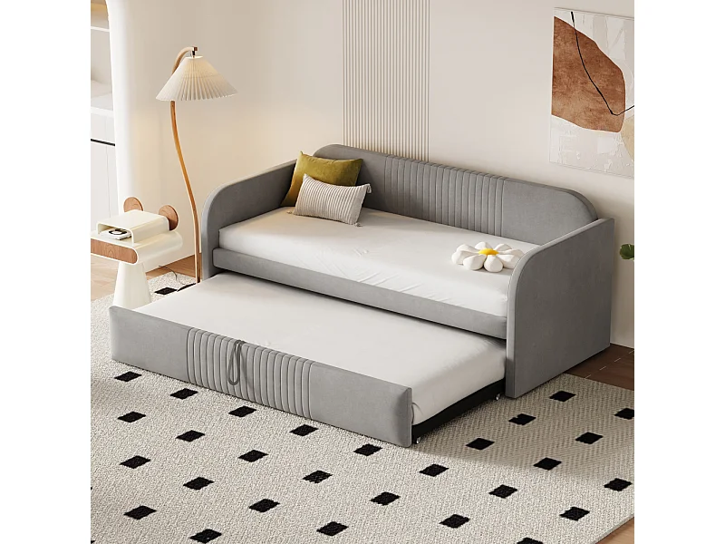 Slaapbank 90/180x190 cm, met verticale strepen, lattenbodem, ademend linnen stof, lichtgrijs, multifunctioneel