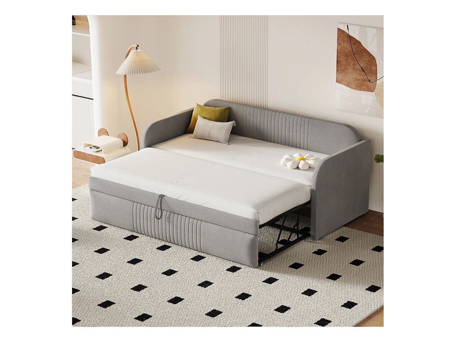 Schlafsofa 90/180x190 cm, mit Längsstreifen, Lattenrost, atmungsaktiver Leinenstoff, hellgrau, multifunktional