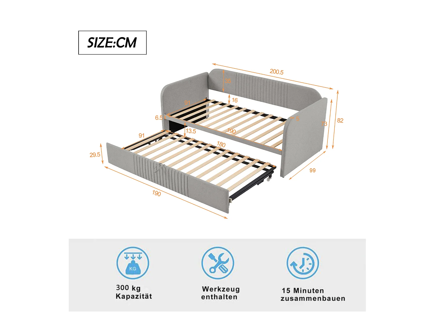 Schlafsofa 90/180x190 cm, mit Längsstreifen, Lattenrost, atmungsaktiver Leinenstoff, hellgrau, multifunktional