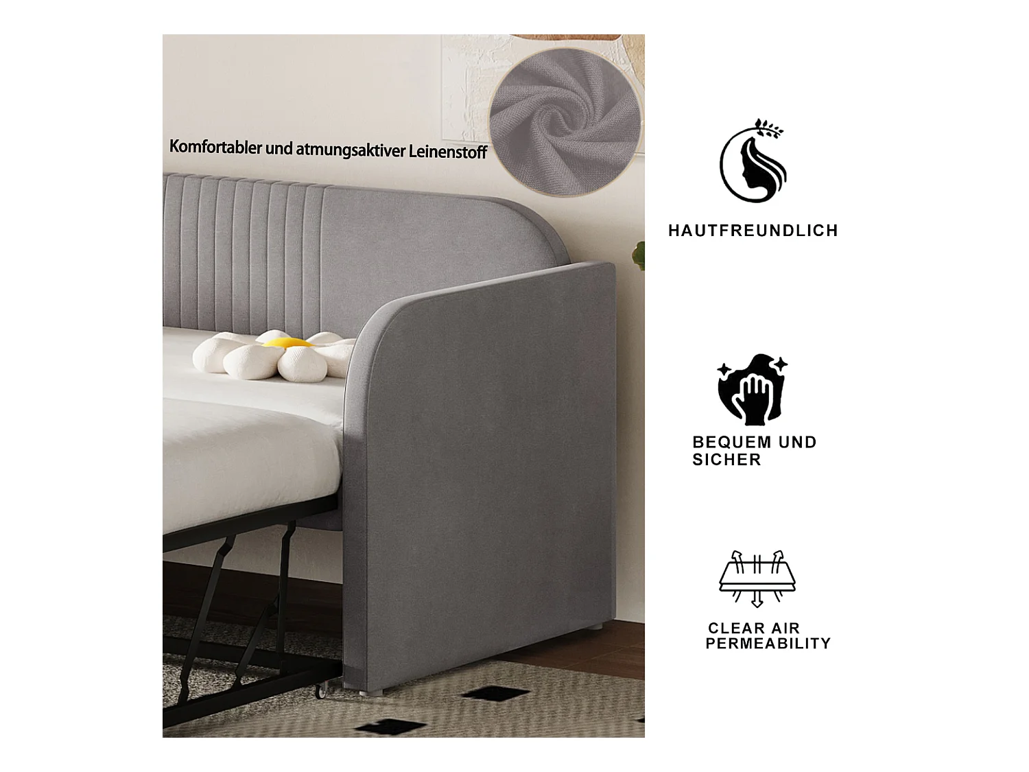 Schlafsofa 90/180x190 cm, mit Längsstreifen, Lattenrost, atmungsaktiver Leinenstoff, hellgrau, multifunktional