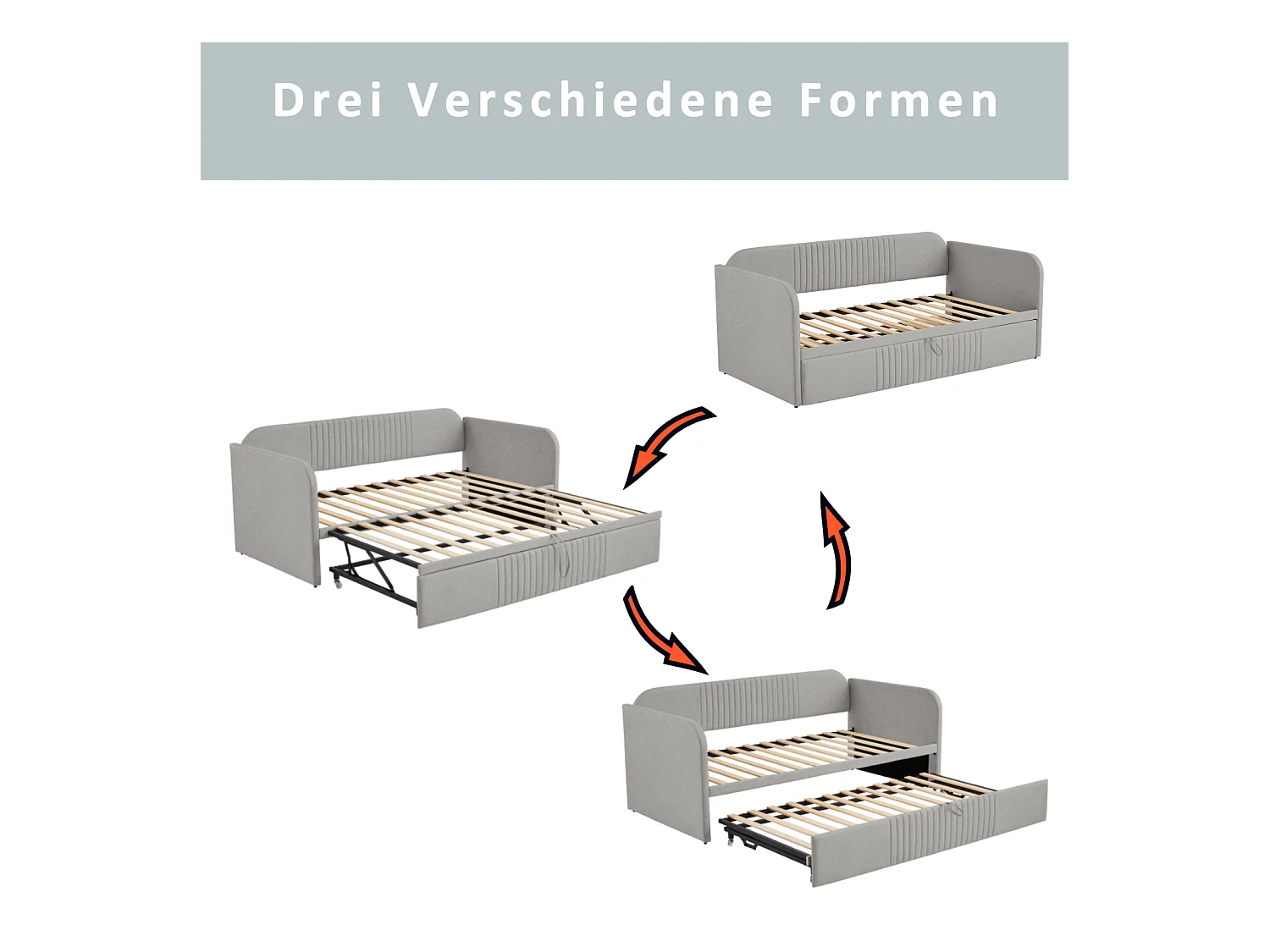 Schlafsofa 90/180x190 cm, mit Längsstreifen, Lattenrost, atmungsaktiver Leinenstoff, hellgrau, multifunktional