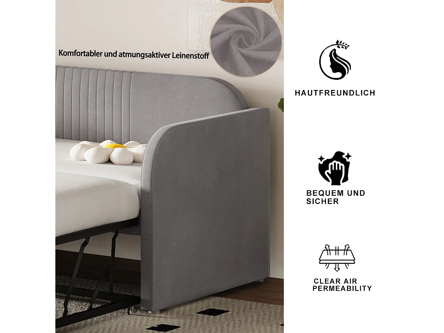 Slaapbank 90/180x190 cm, met verticale strepen, lattenbodem, ademend linnen stof, lichtgrijs, multifunctioneel