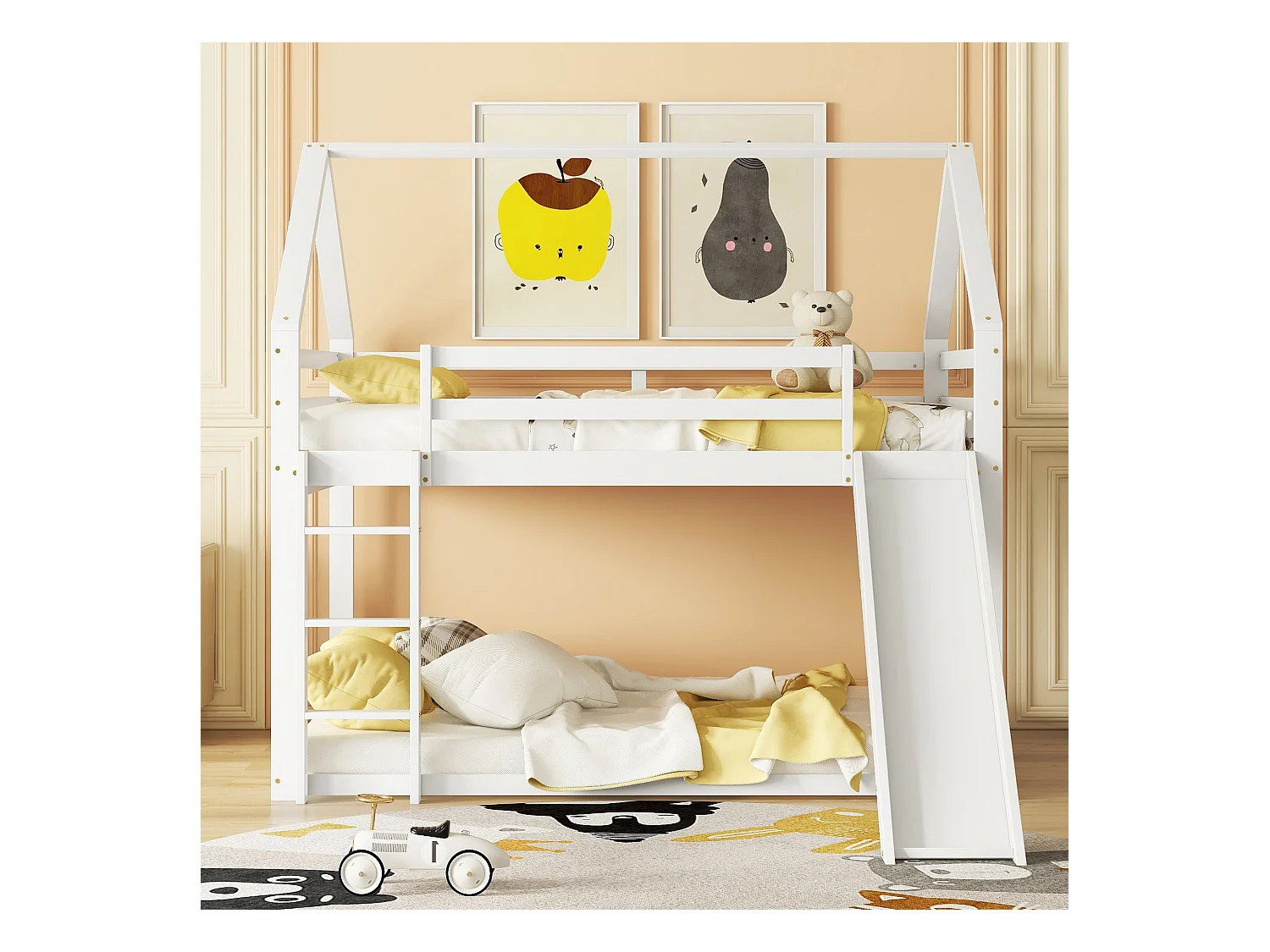 Kinder-Etagenbett 140x200 cm mit Leiter und Rutsche, Hausdesign fürs Kinderzimmer, Holzrahmen, Farbe weiß