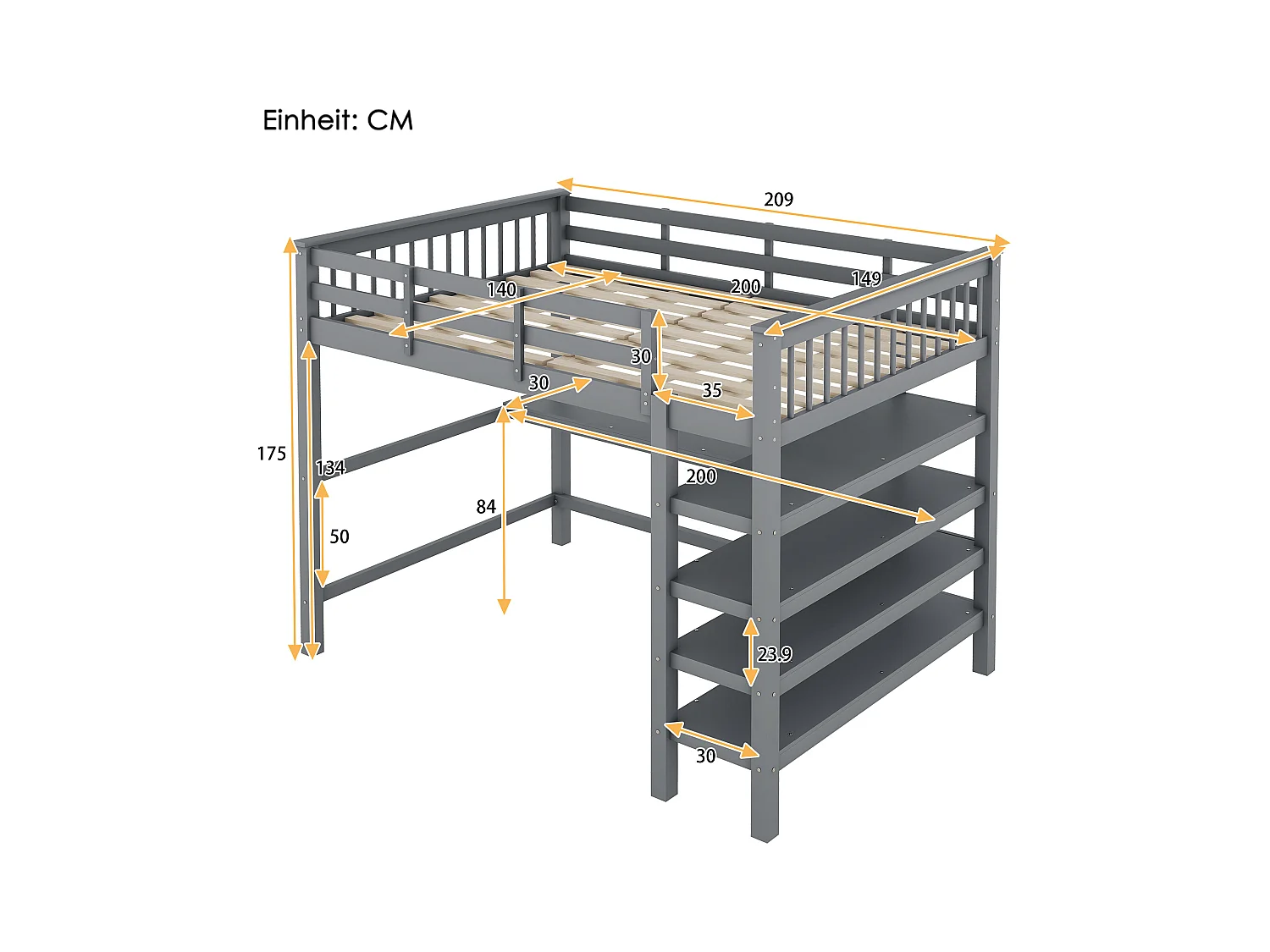 Hochbett 140x200 cm, Kinderbett mit Stauraum und Schreibtisch darunter, ohne Matratze, grau