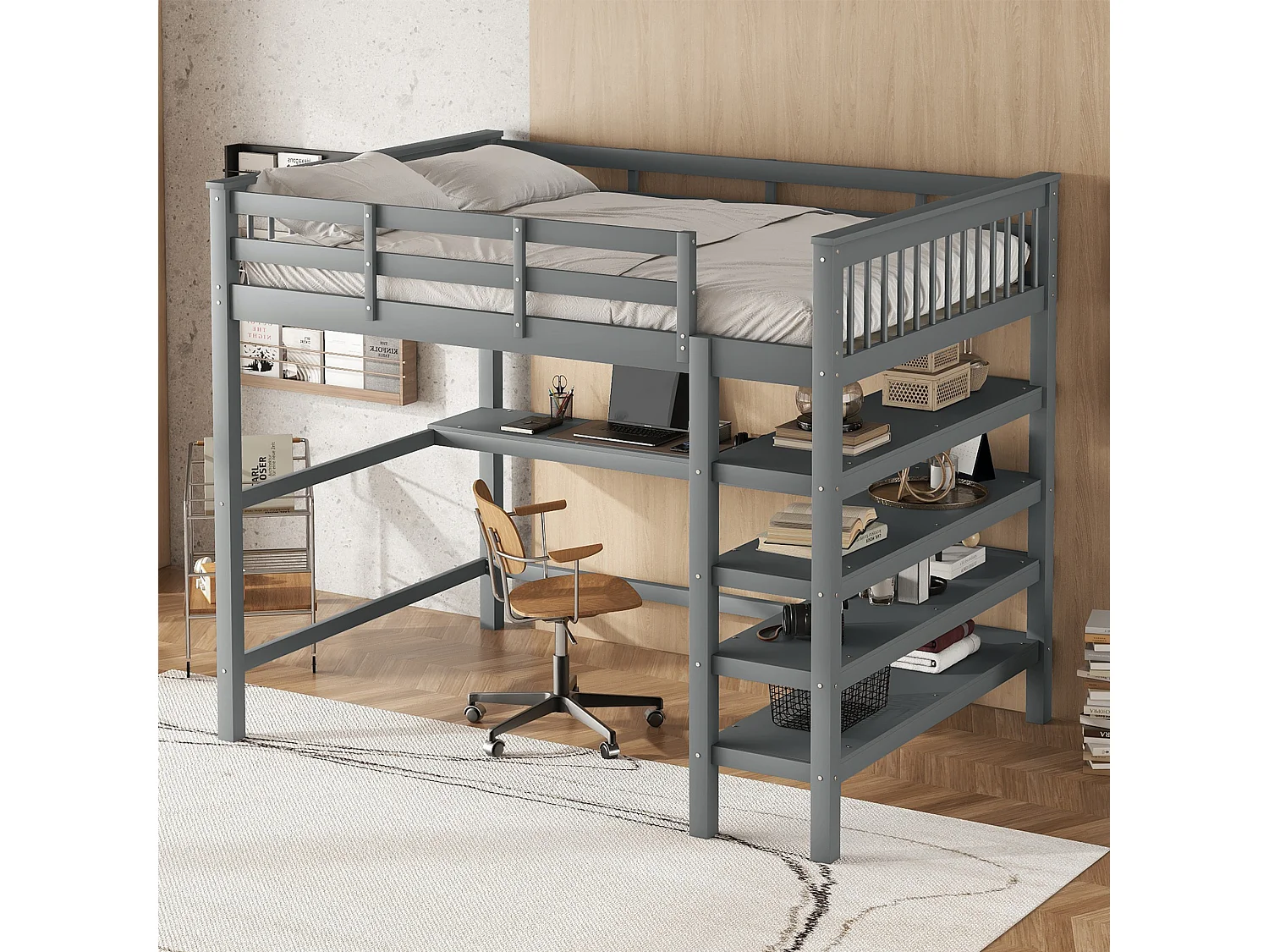Lit mezzanine 140x200 cm, lit pour enfants avec espaces de rangement et bureau en dessous, sans matelas, gris
